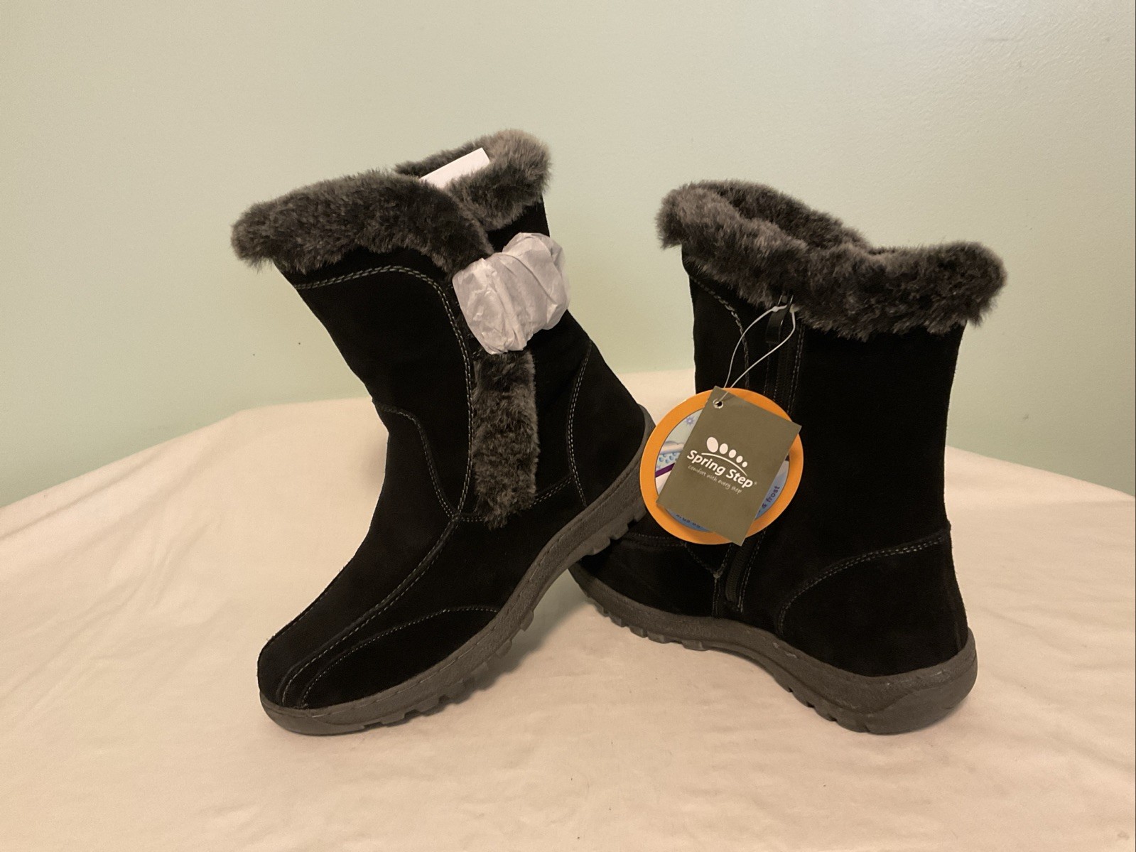 Spring Step Achieve Black Suede Leather Winter Boots Womens Size 9 40 NWT