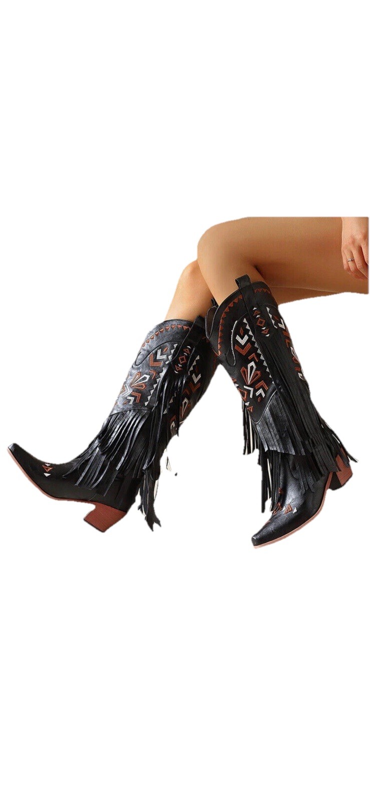 SARAIRIS Western Mid Calf Bootie, Chunky Heel Fringe, Embroidered Denim, 2.75in