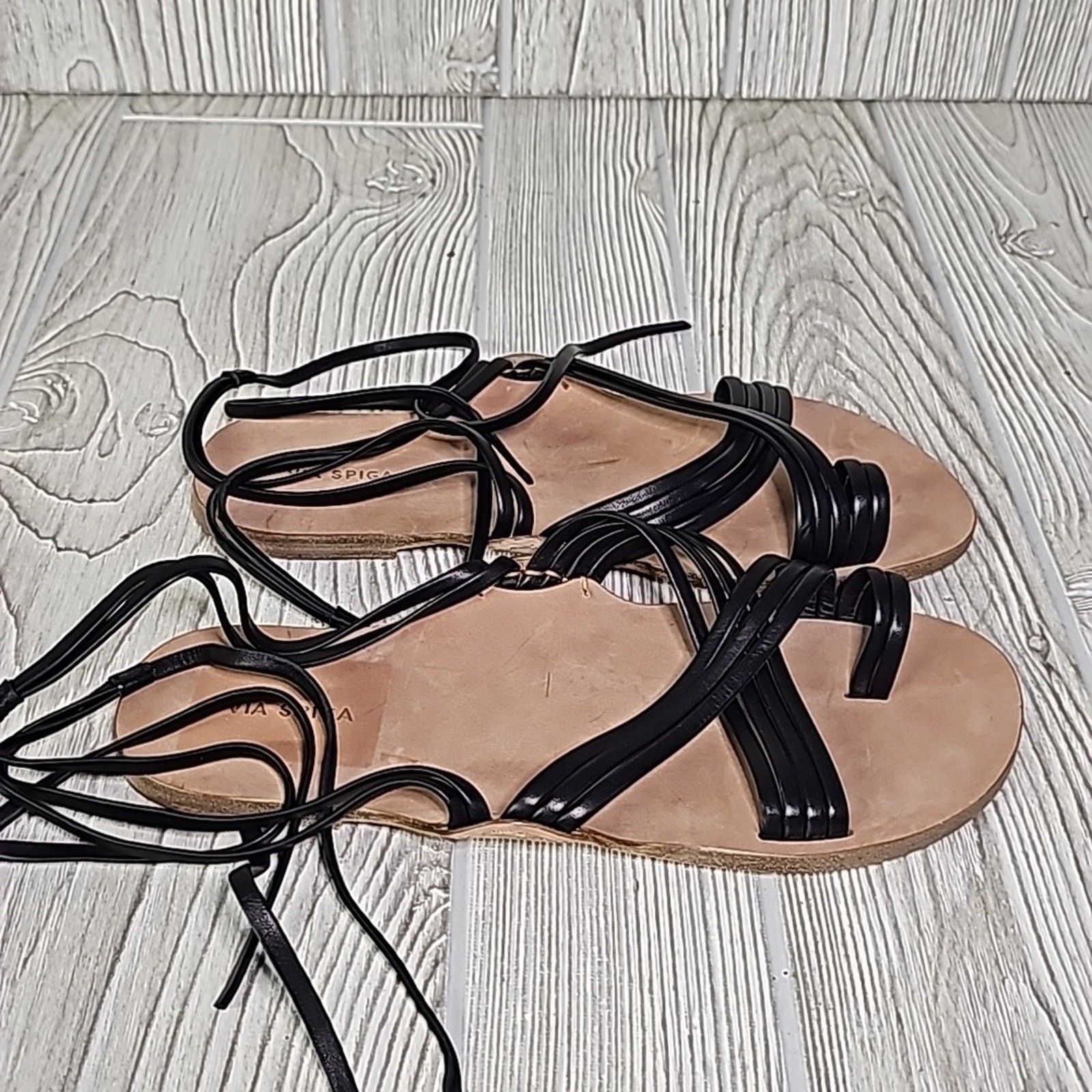Via Spiga Allegra Ankle Wrap Black Leather Sandals Womens Size 6.5 New