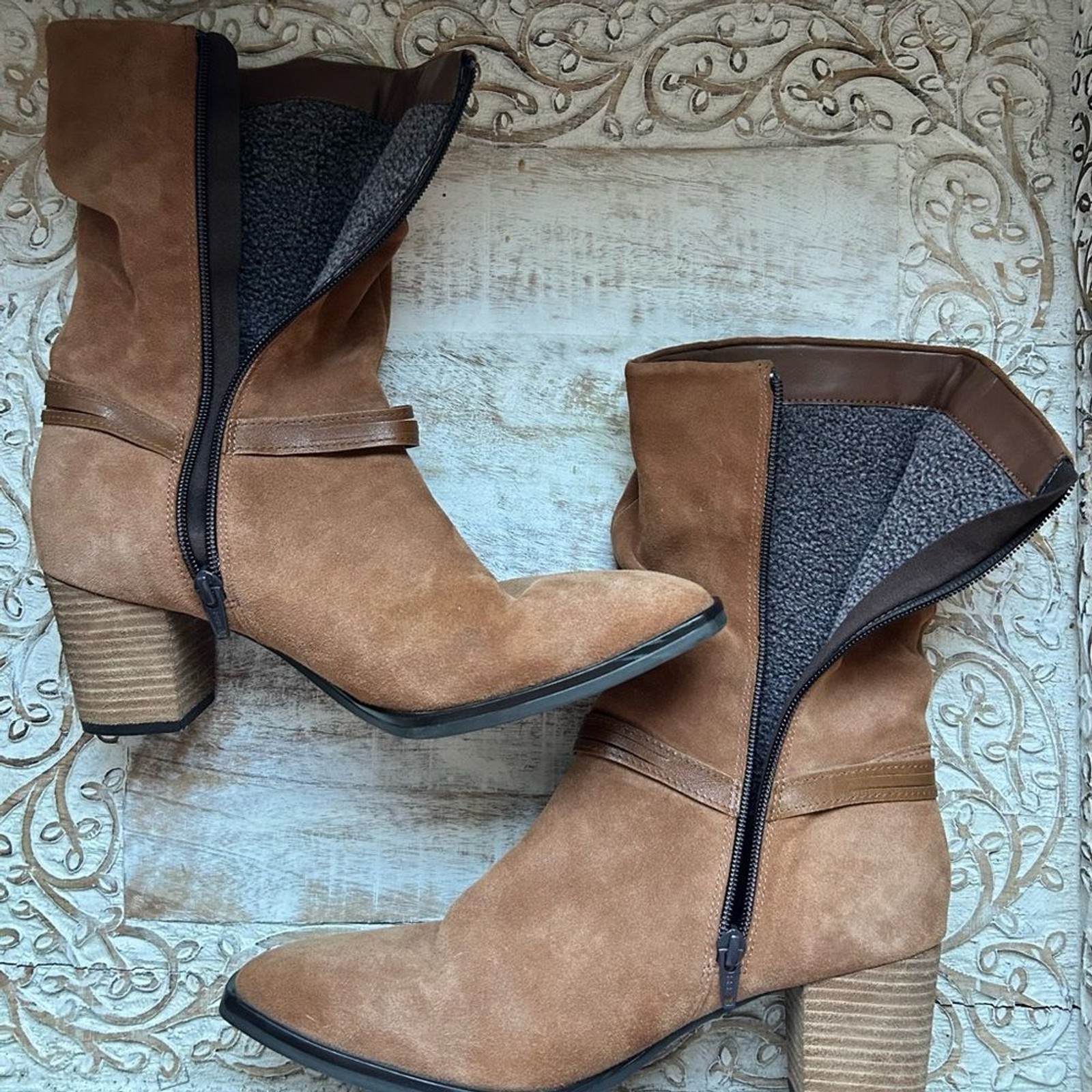 Boho Western Leather Suede Slouchy Boot Size 10 Tan Bootie Jatarea Omi Neutral