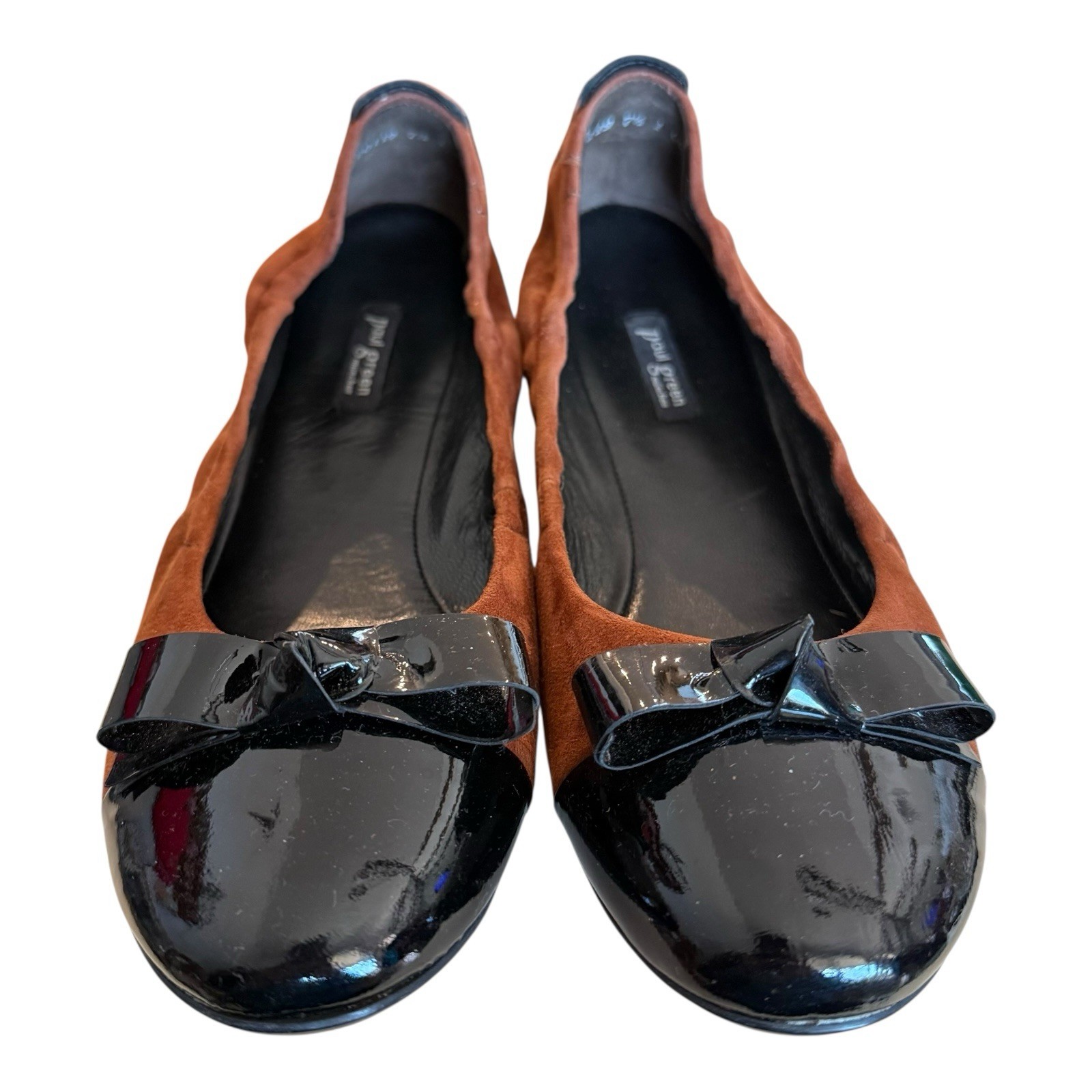Paul Green Nellie Brown Suede Black Patent Cap Toe Bow Ballet Flats Size US 7.5