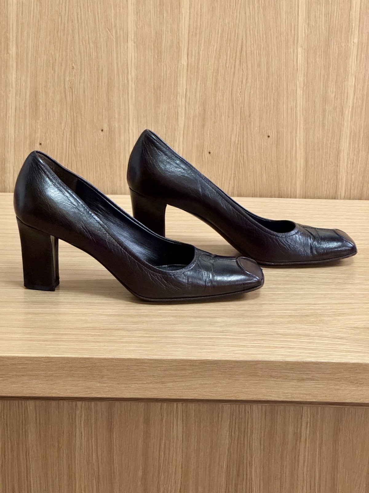 Prada Black Leather Square Toe Block Heel Pump, Women’s IT 36 / US 6, Y2K Shoes
