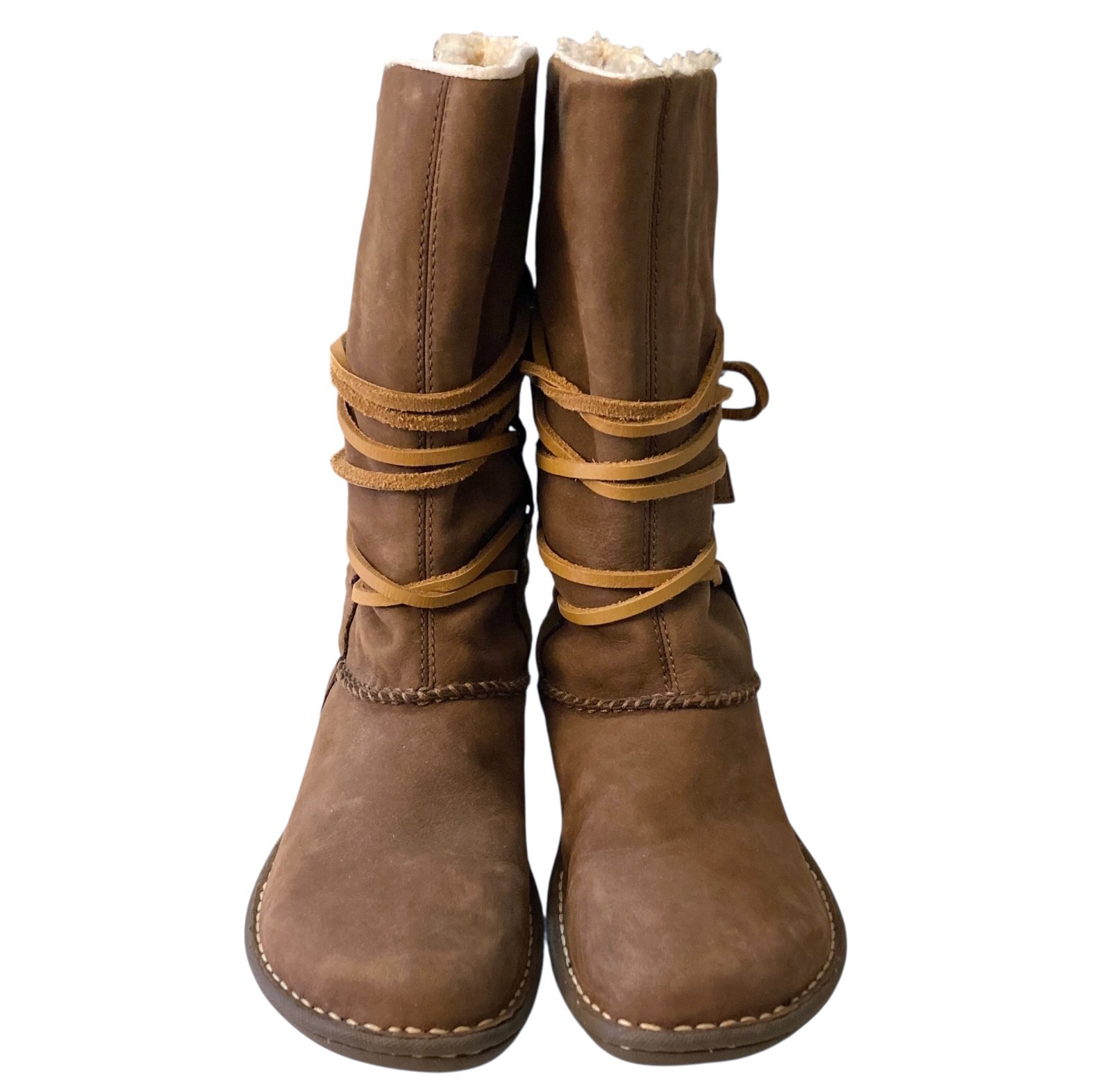 UGG Catalina Sheepskin Leather Boots Women Sz 6 Wrap Laces Mid Calf Goober Brown
