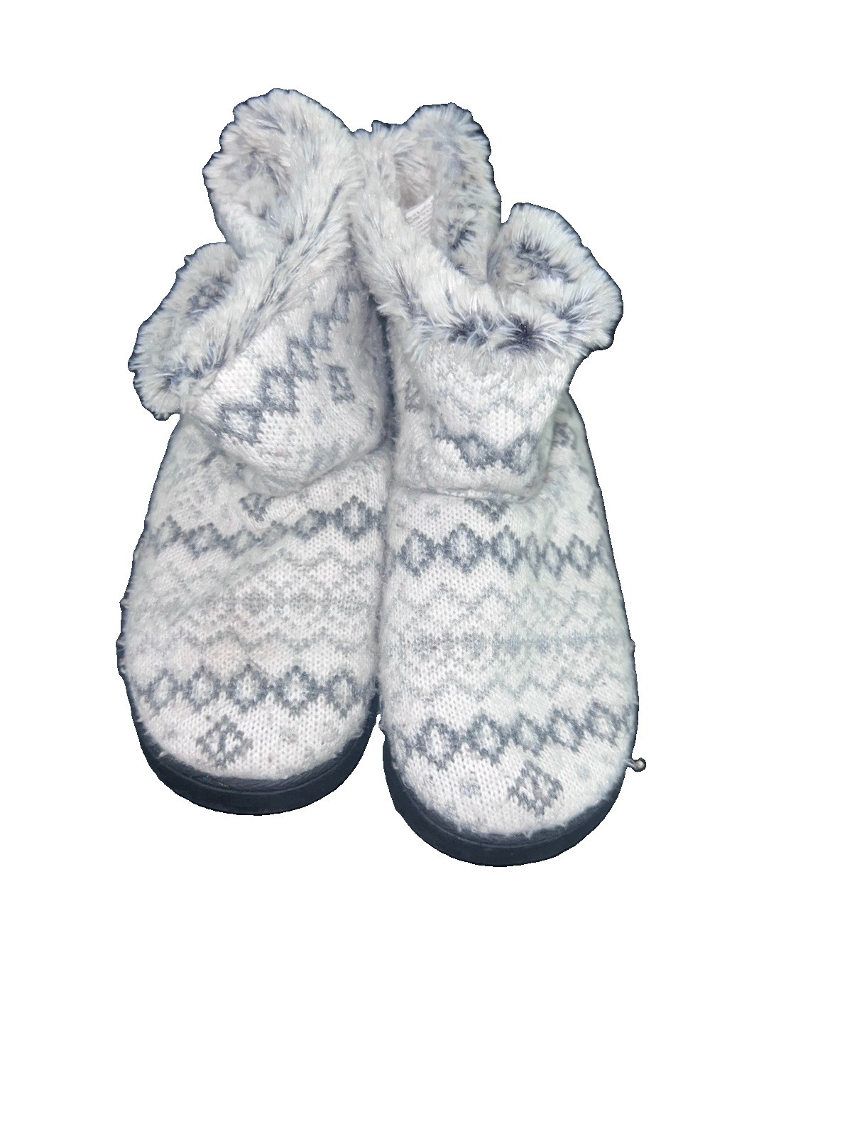 Dearfoams Women’s Bootie Slippers Fair Isle Knit Faux Fur Lined Gray 7-8