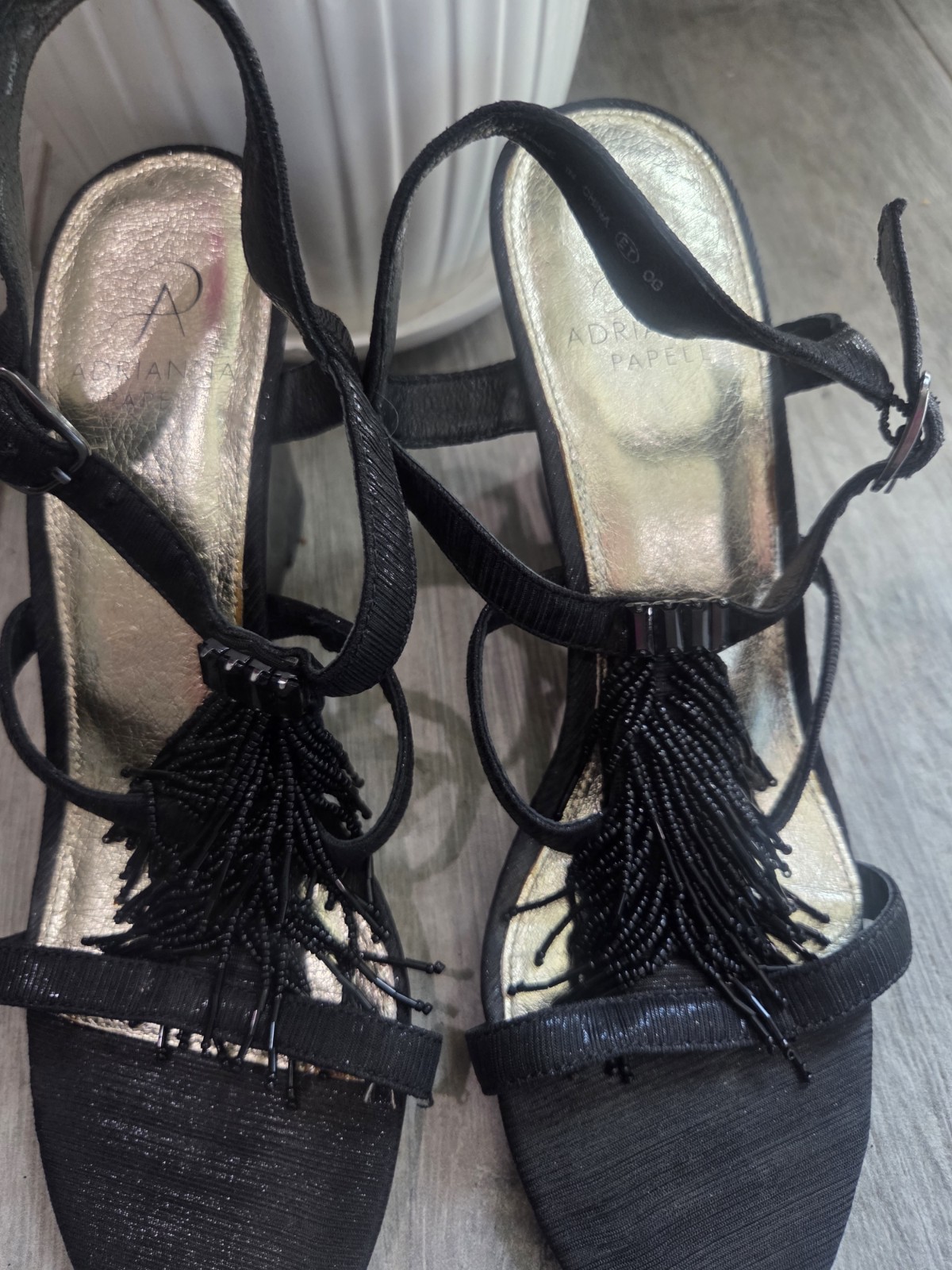 Adrianna Papell Women’s Black Leather Strappy Wedge Open Toe Beaded Buckle 8.5