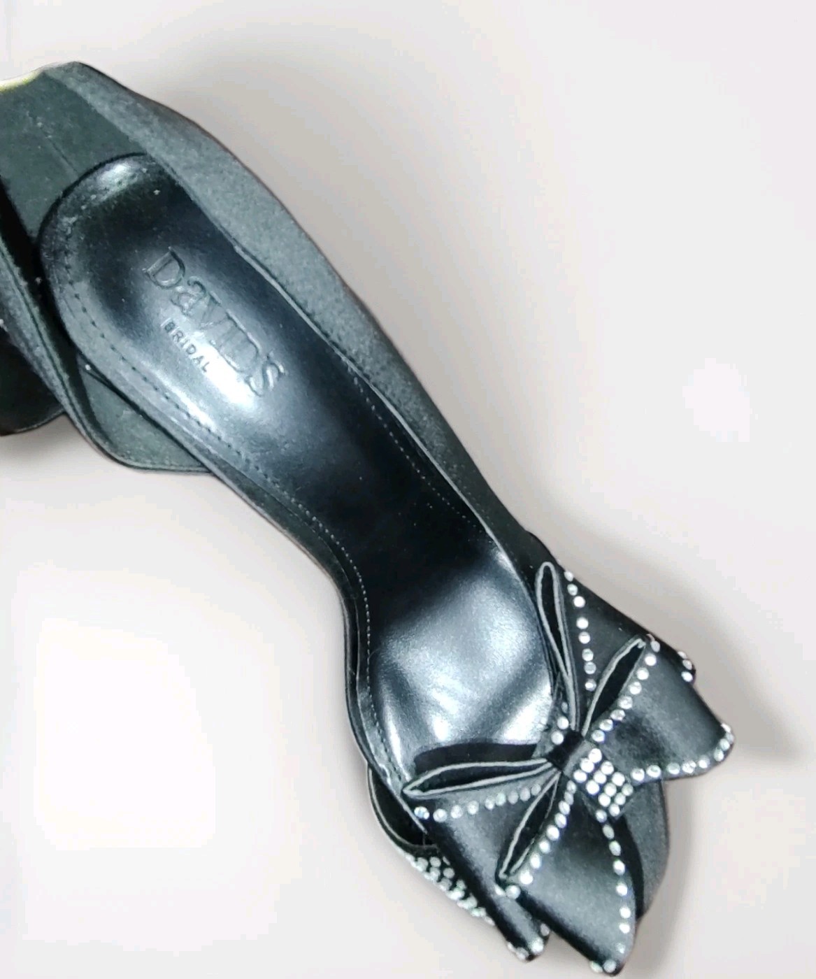 David’s Bridal Izzie Black Satin Peep-toe heels Rhinestone-emb Bow D’Orsay Style