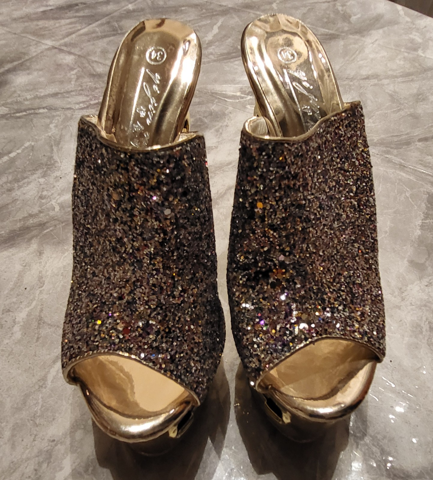 Ultra High Open Toe Gold sequin Platform Wedge Sculptural Heel Club Party Size 5
