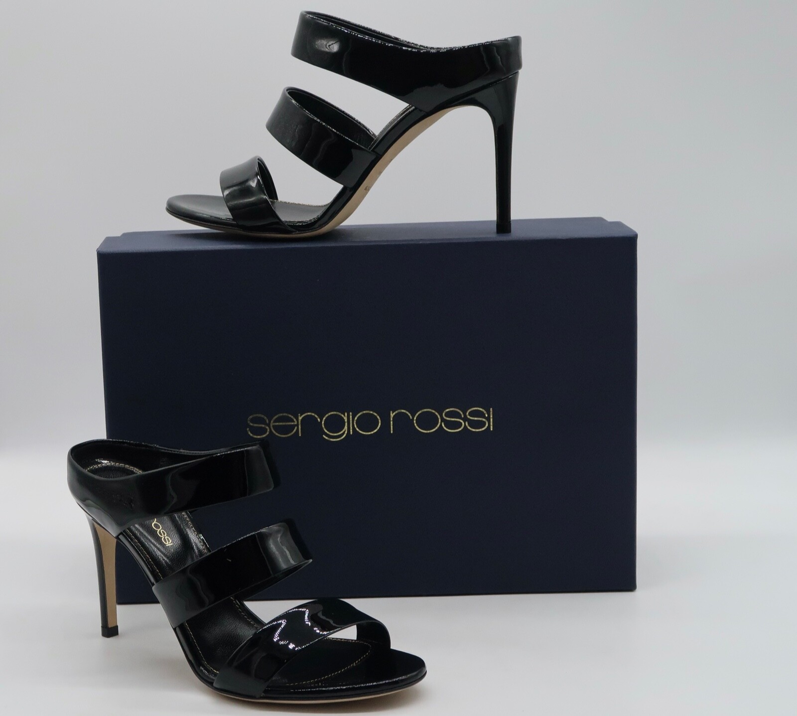 Sergio Rossi Vernice Soft Black Patent Leather Slide Sabot Heel Sandal Sz 37 New