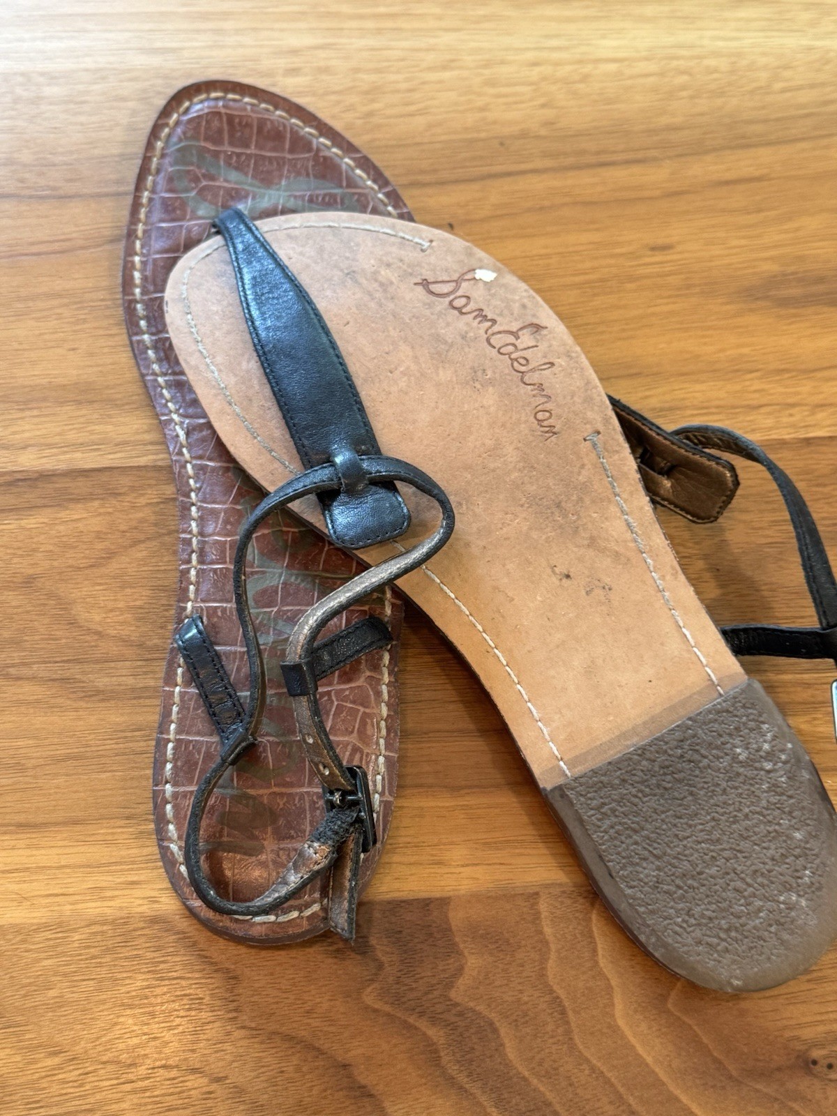 Sam Edelman Brown/Black Leather Croc-Embossed Thong Sandals Buckle US 8