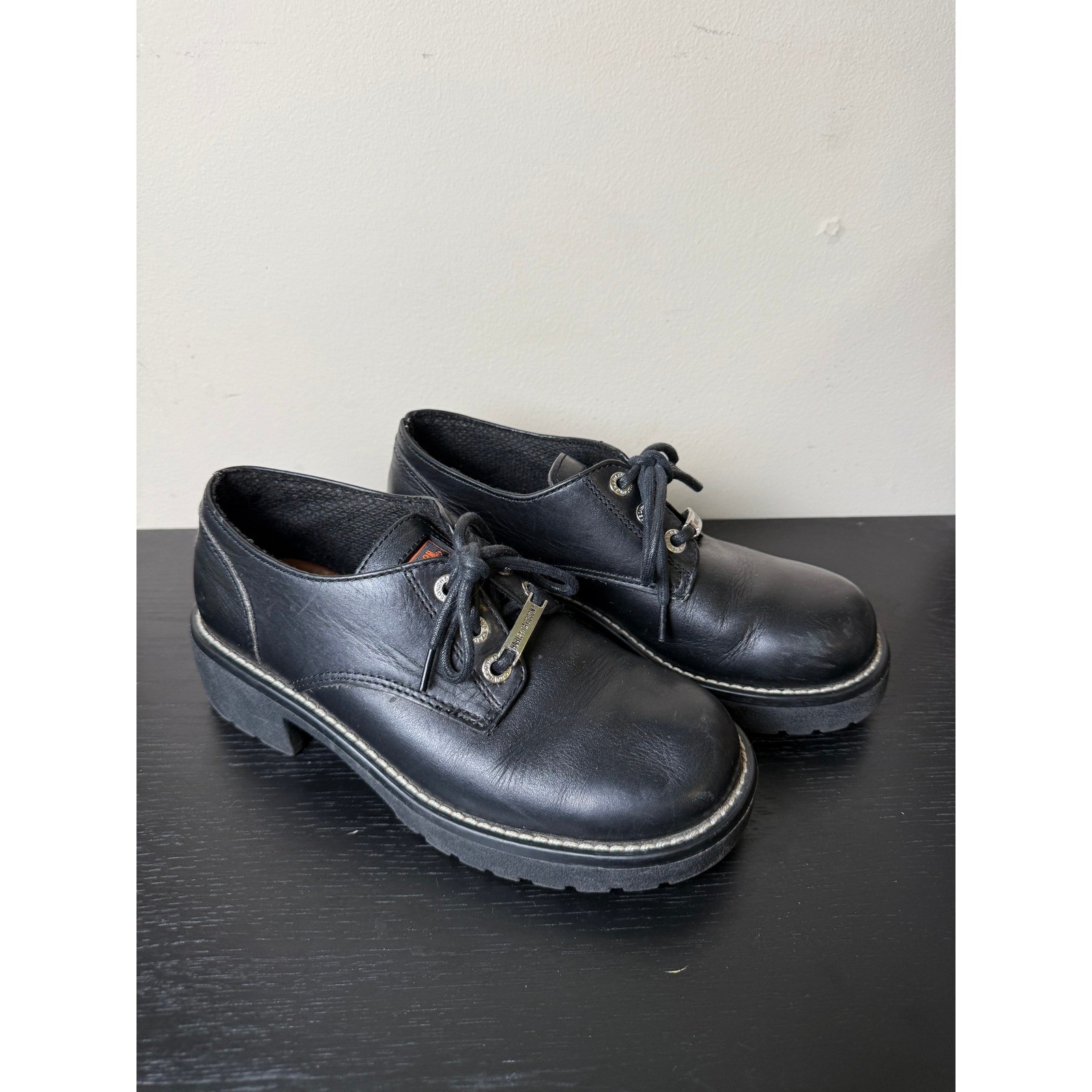 Harley Davidson Black Leather Chunky Platform Lug Sole Oxford Shoes Womens 8
