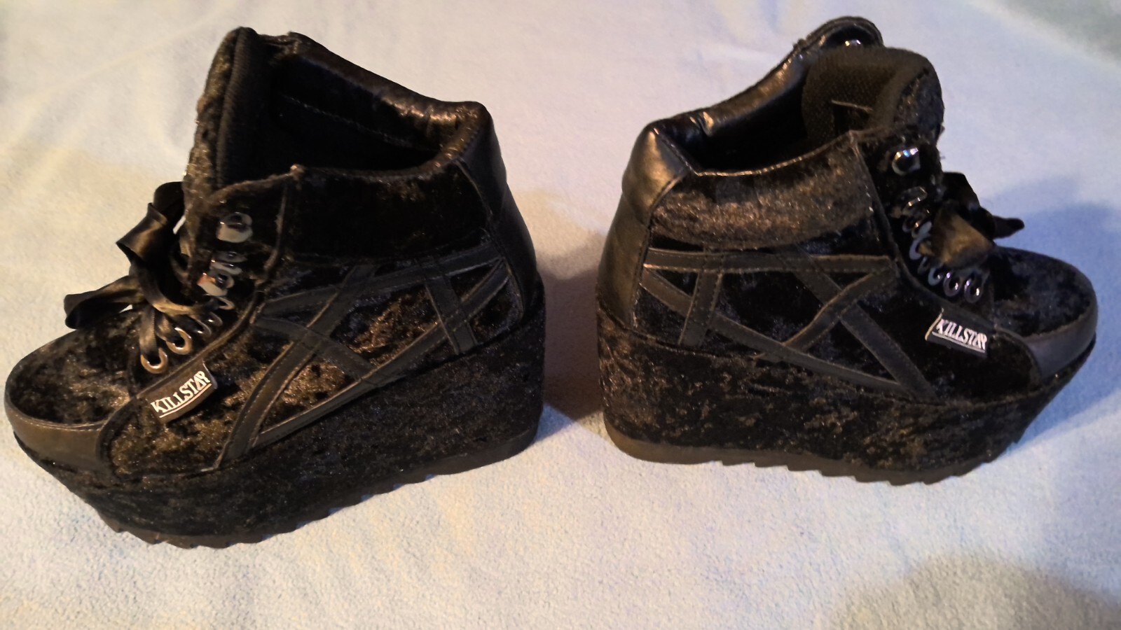 KILLSTAR Black Velvet Pentagram Platform Goth Shoes with Ribbon Laces US Size 6