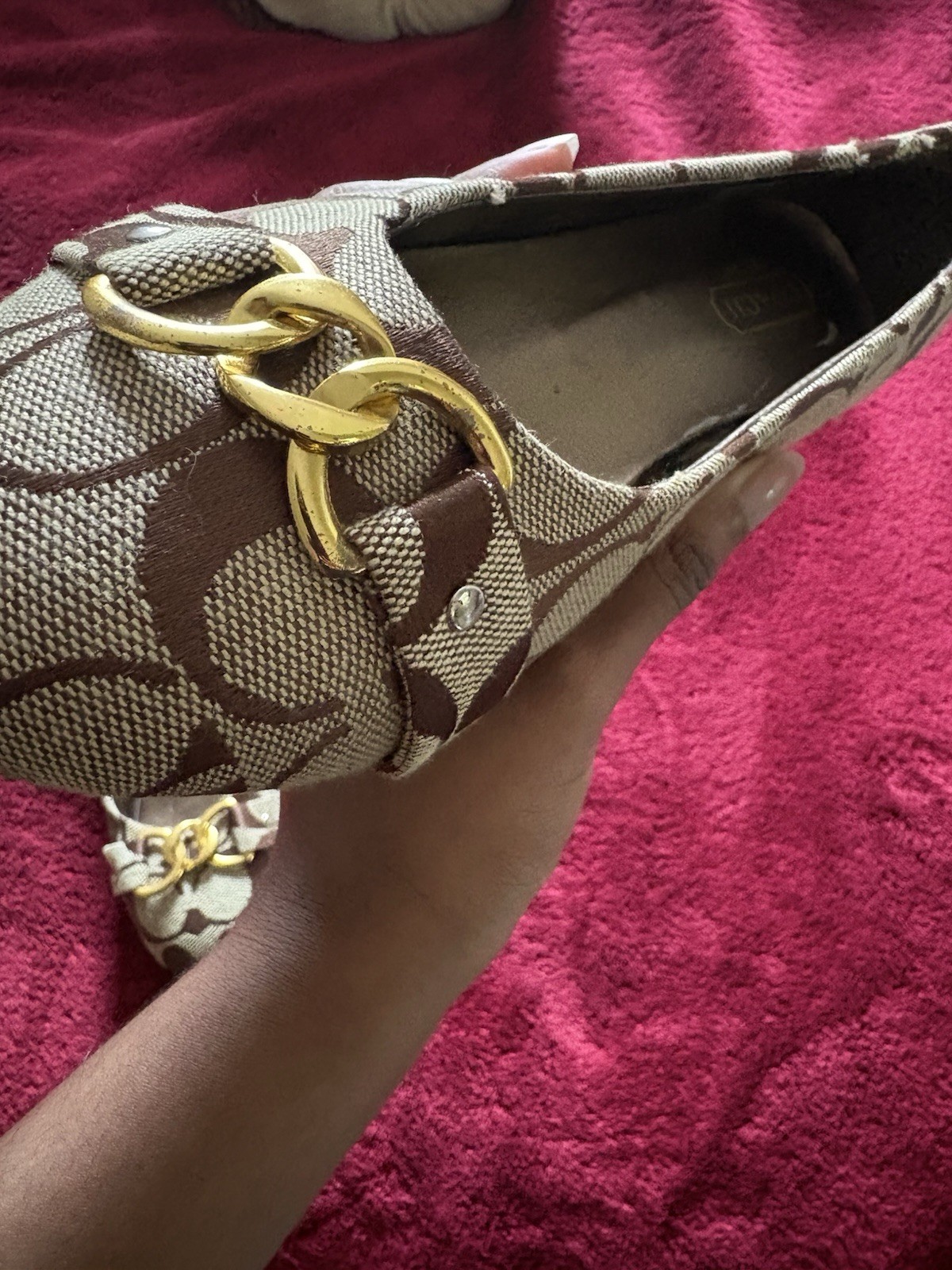 Coach Signature Canvas Ballet Flats Size 8 Beige Brown Slip-On Logo Buckle