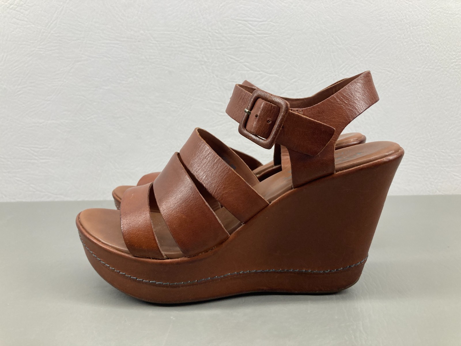 Kork Ease Womens Wedge Sandals Size 6.5 Brown Leather Platform Ankle Strap
