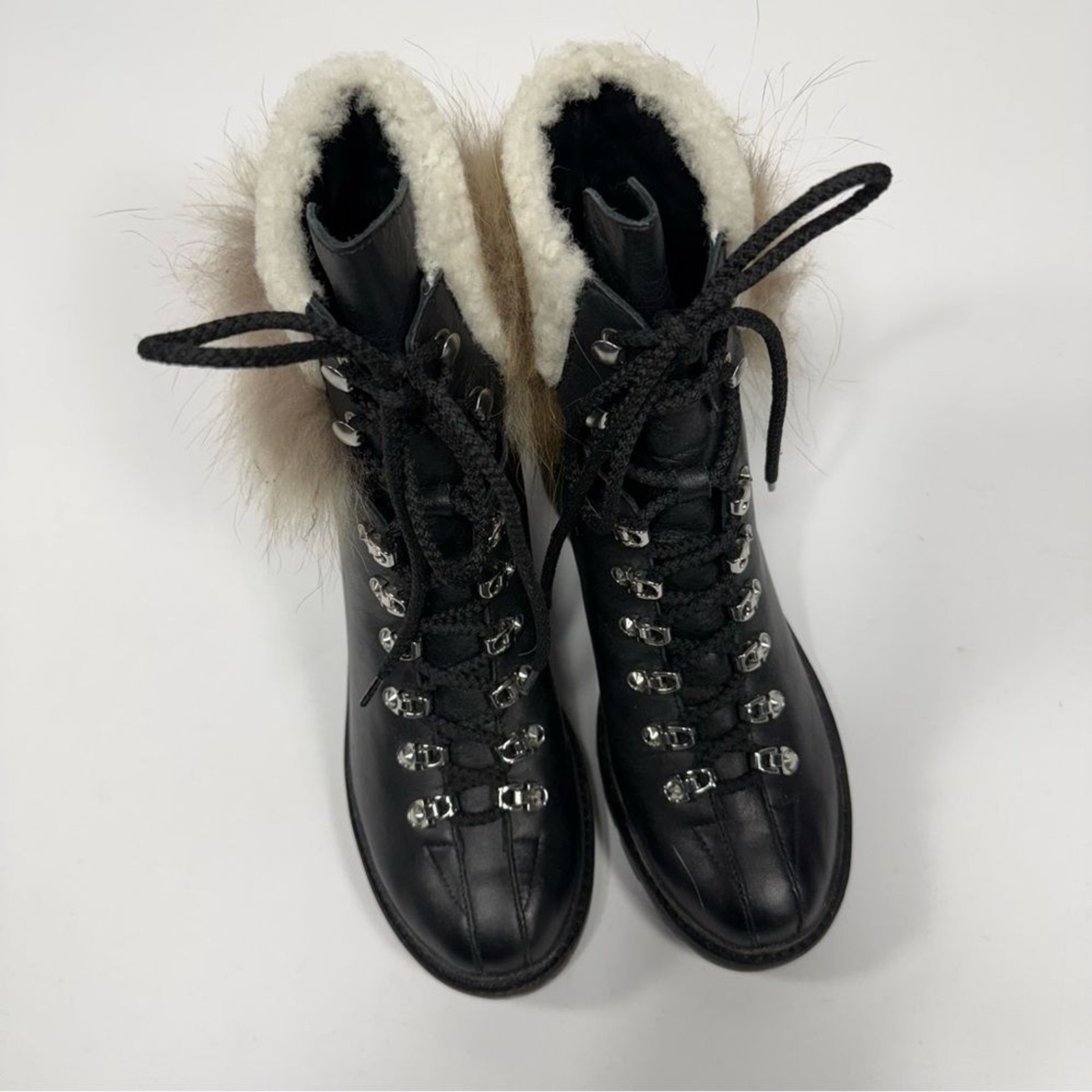 Black Leather Fur Trim Lace Up Hiker Boot Sigerson Morrison Size 40.5 EU
