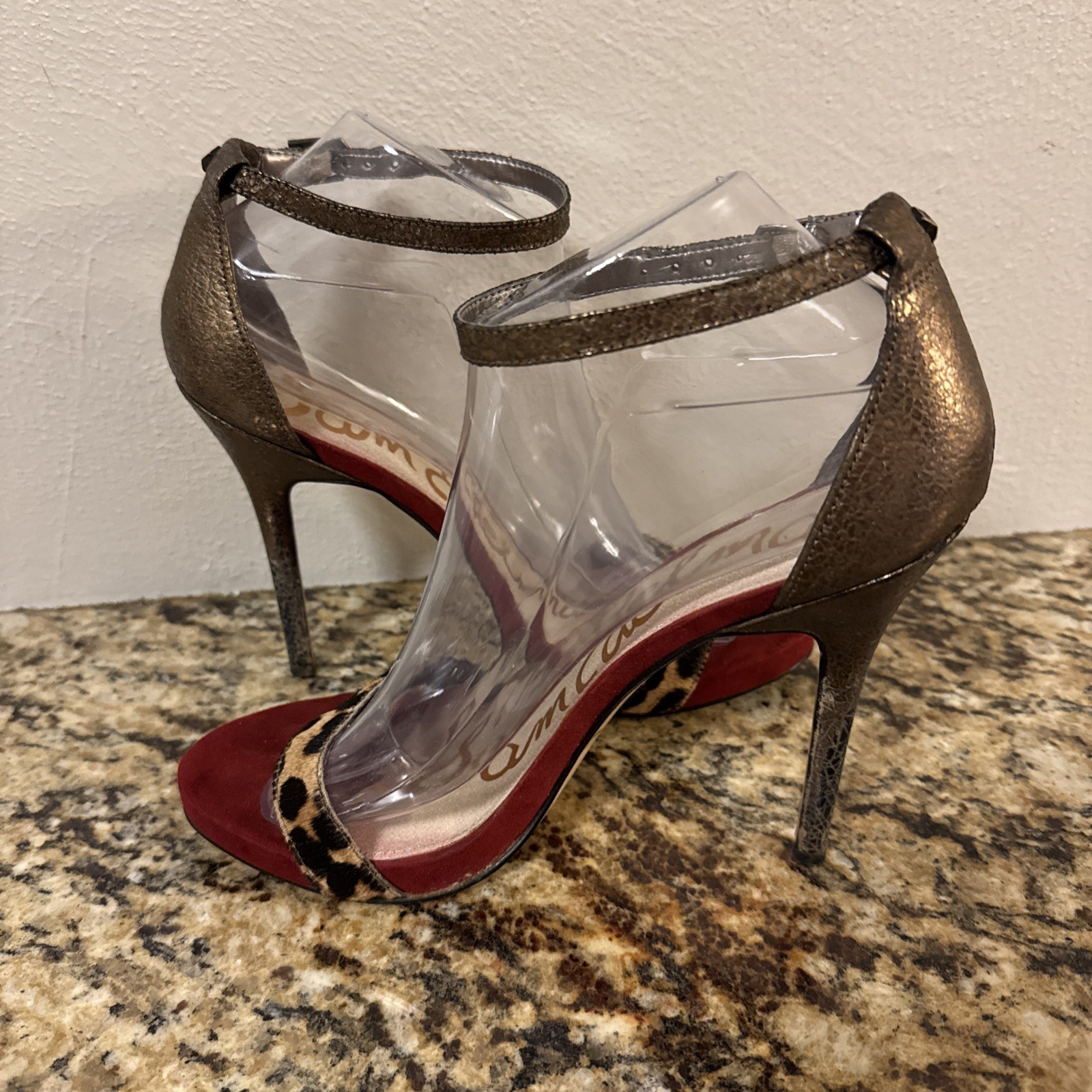 Sam Edelman Eleanor Animal Print Size 8 M Red Gold Ankle Strap Heels Shoes