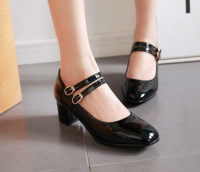 Womens Mid Block Heel Mary Janes Patent Leather Buckle Square toe Shoes Pumps