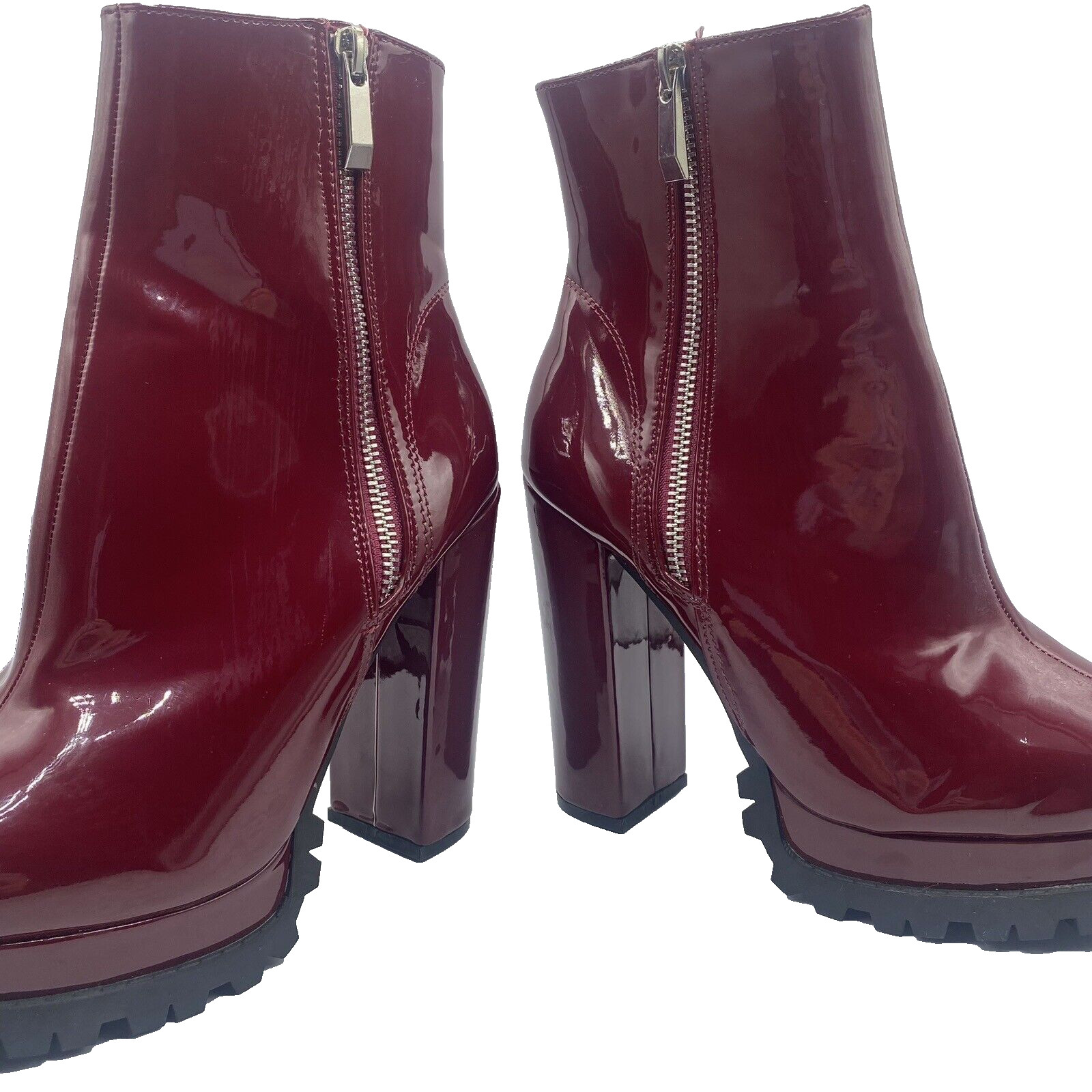 Women’s Burgundy Wine Maroon She & In Chunky Heel Zippered Boots Mod Y2K Sz 7.5