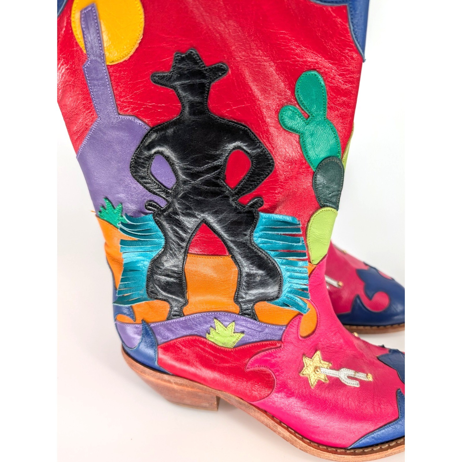 VTG Zalo Multicolor Leather Fringe Cowboy Boots 6.5 Western Boho Festival Art