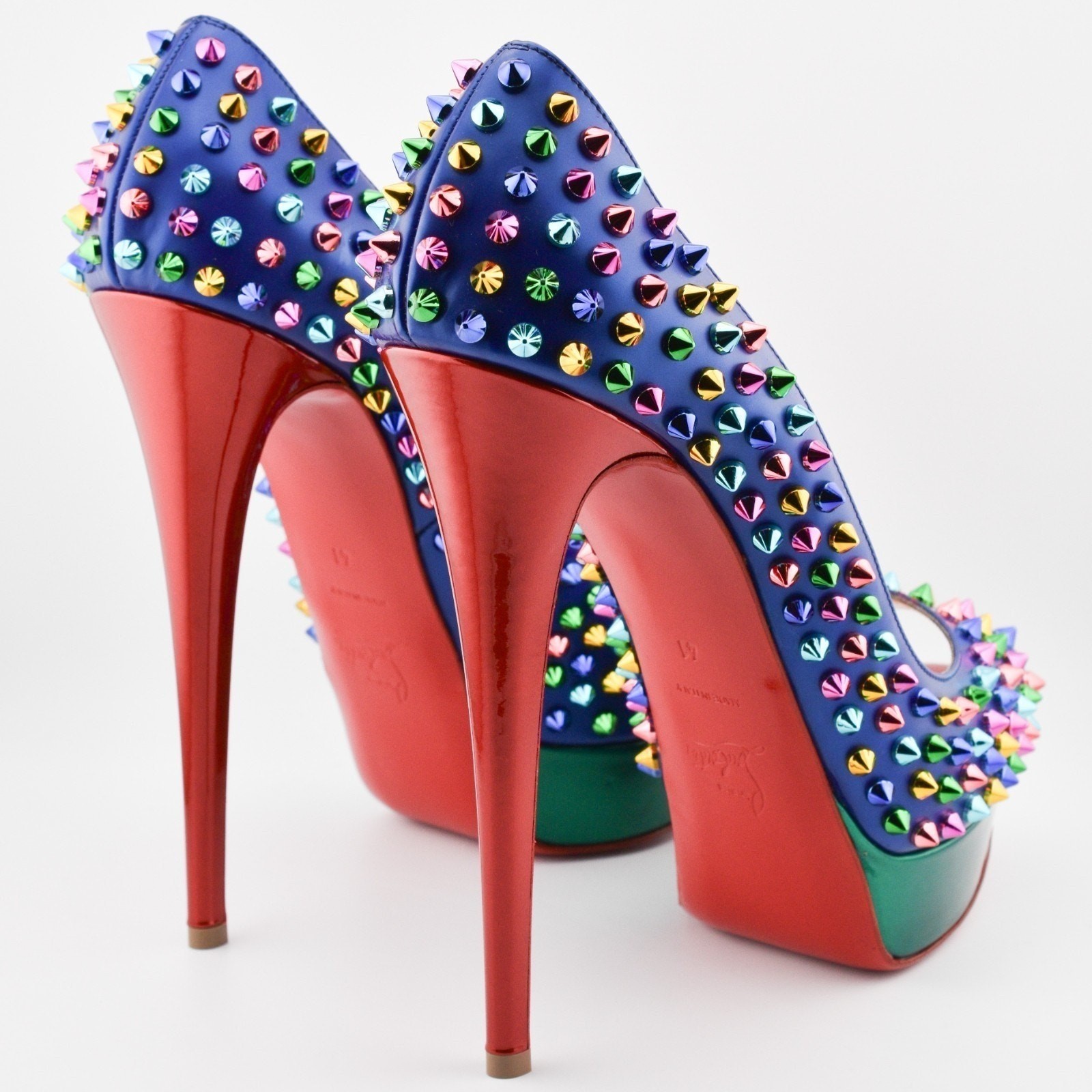 Louboutin Lady Peep Spikes 150 Metallic Patent Heels Pumps leather US 10.5