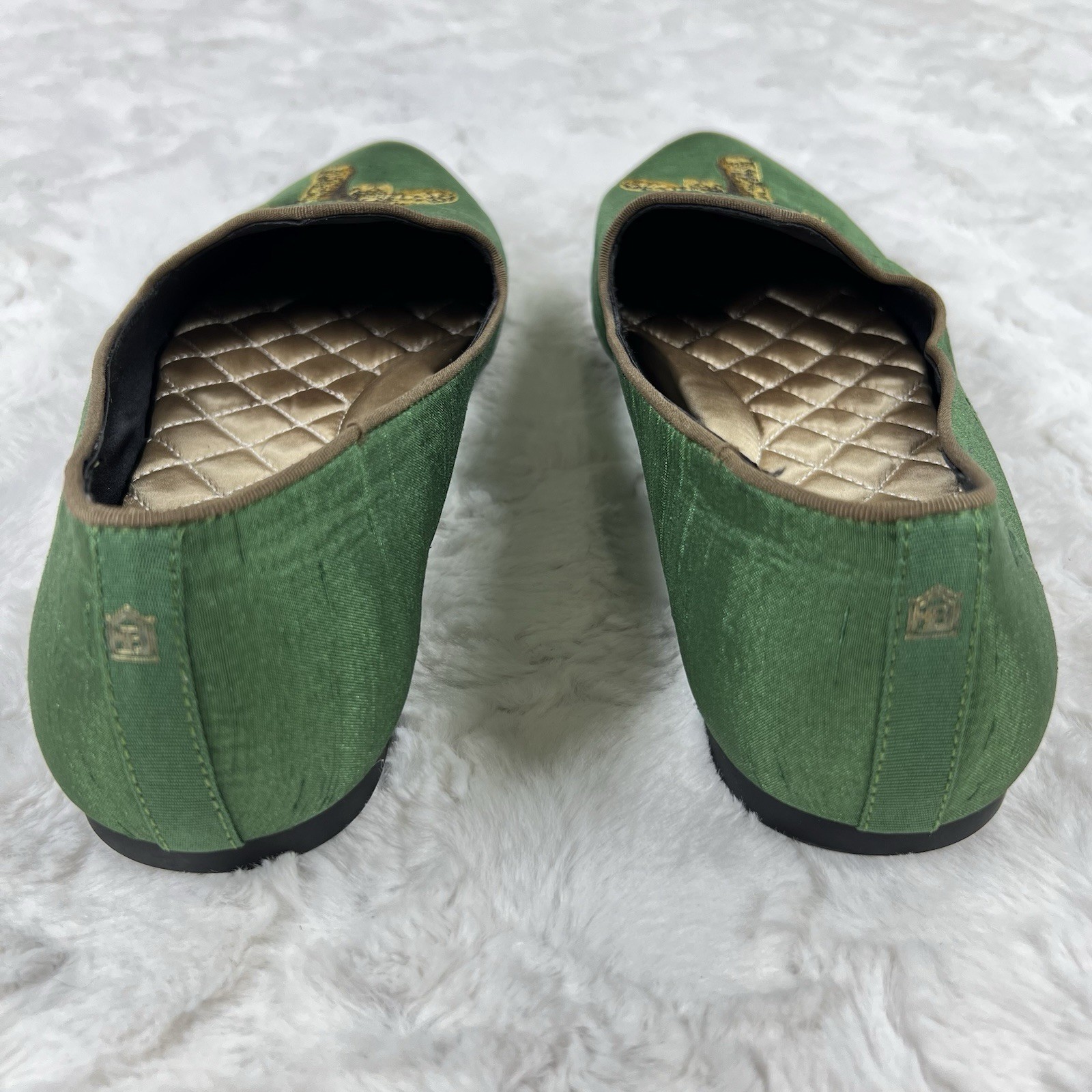 Birdies x Ken Fulk Leopard Satin Slipper Shoes Flats Women 9.5 Emerald Green Art