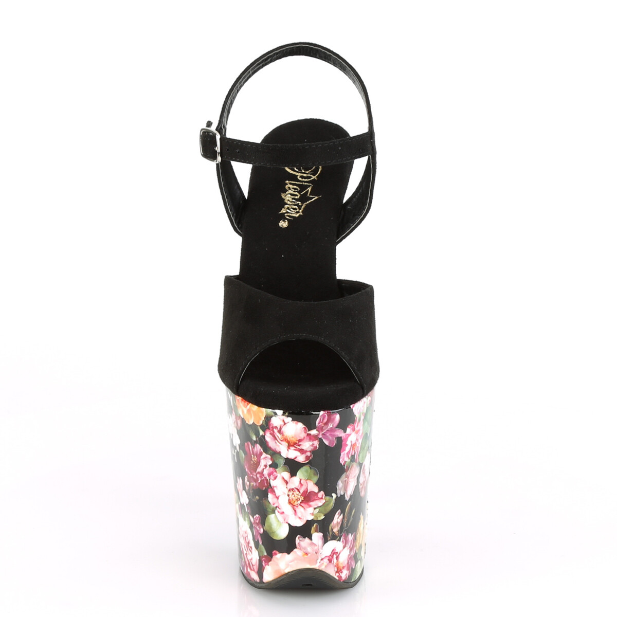 PLEASER FLAMINGO-809WR Black Suede Flowers 8″ Heel Platform Ankle Strap Sandal