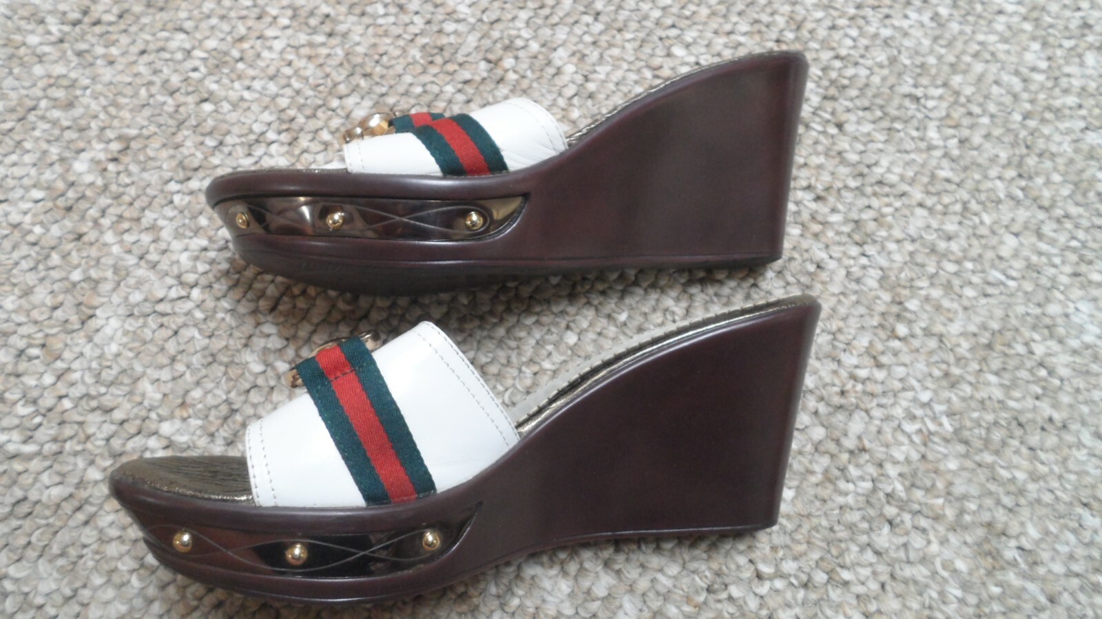 Patricia Pratt White Gold & Brown Platform Wedge Heel Slides. Size 8