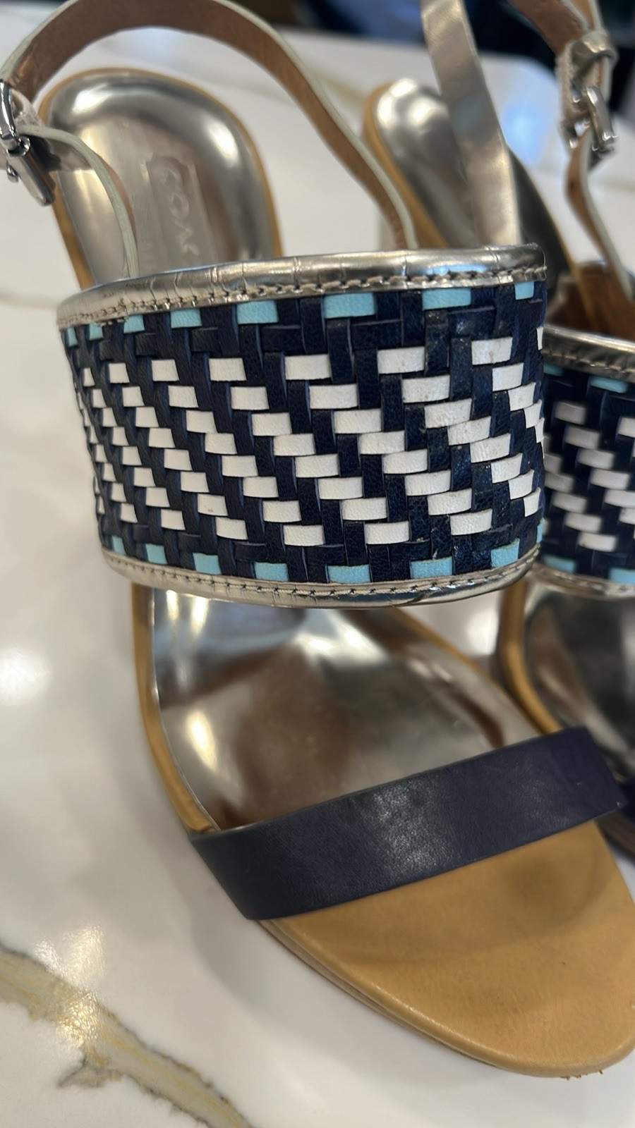 Coach Steffi Blue Tan And Silver Woven Sandals