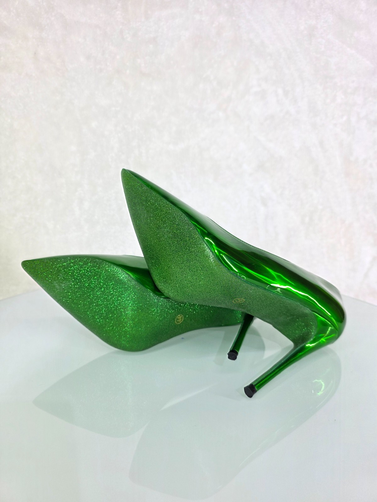 Jewels Bright Green Metallic Hologram 4″ Heel Stiletto Shoes Pointy Toe Pumps