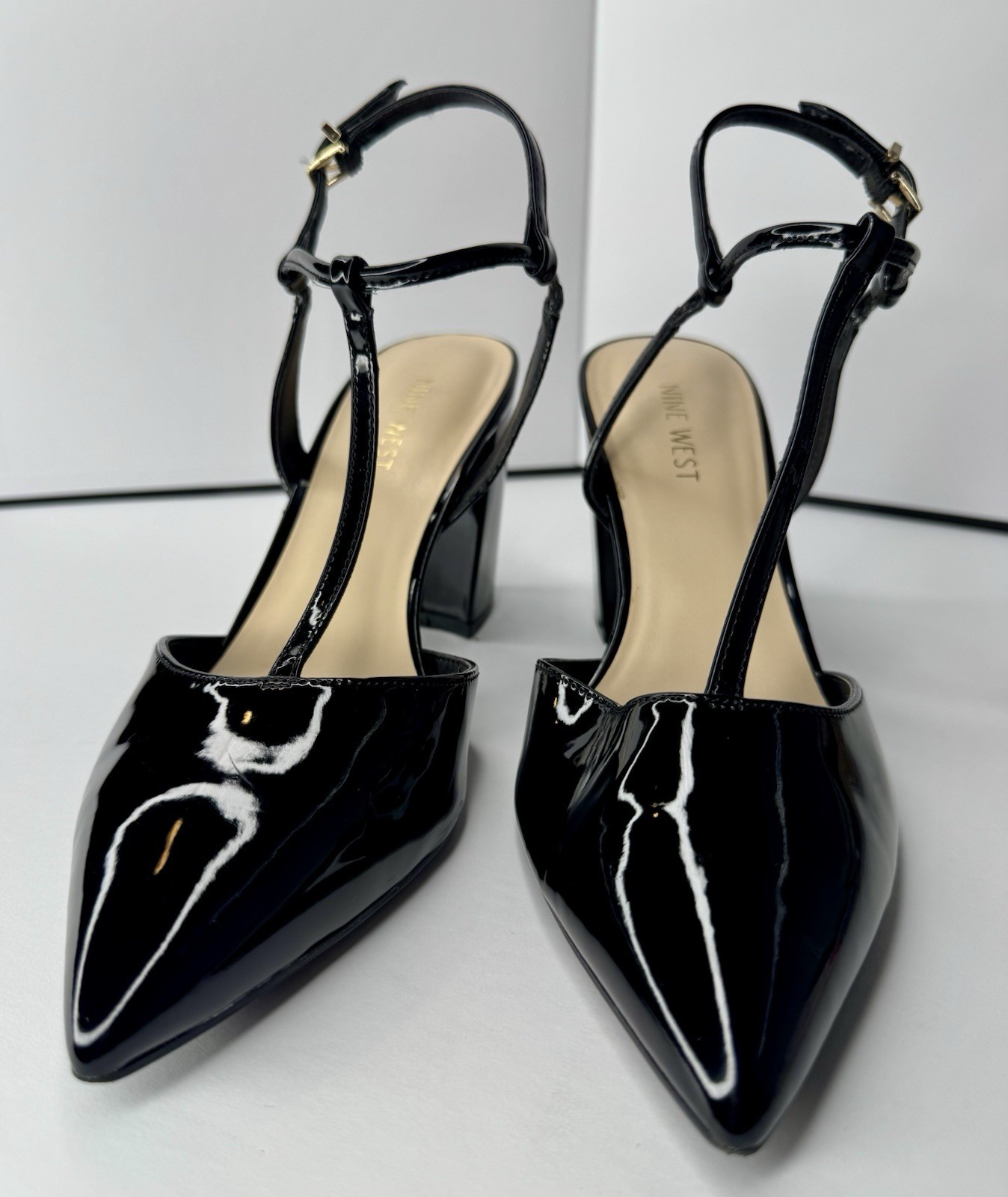 Nine West Black Patent Leather Slingback Pointed Toe T-Strap Block Heel8.5-AS-IS