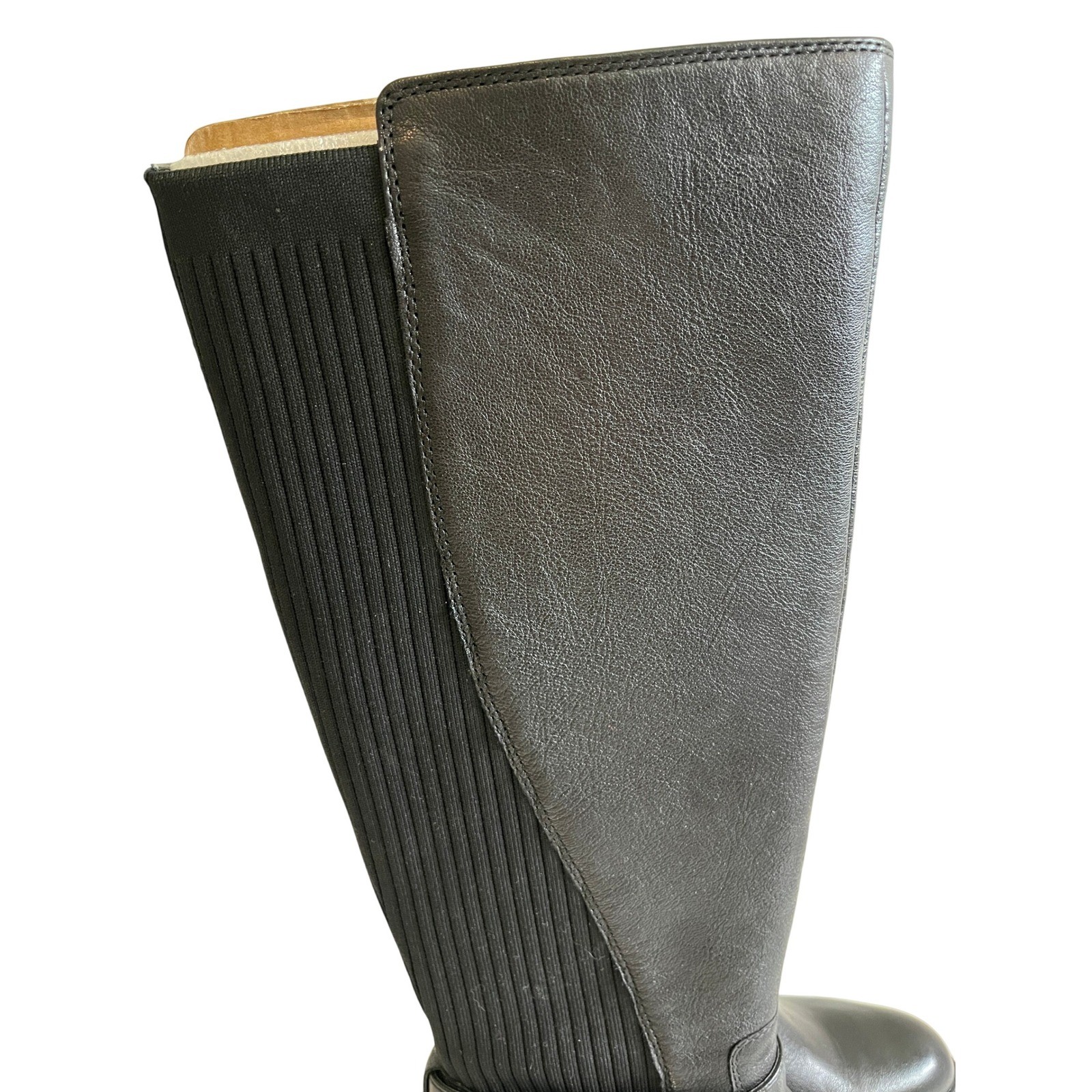 Vince Camuto Black Leather Ribbed Knit Boots Buckle Zip Lug Sole Women’s 7 1/2