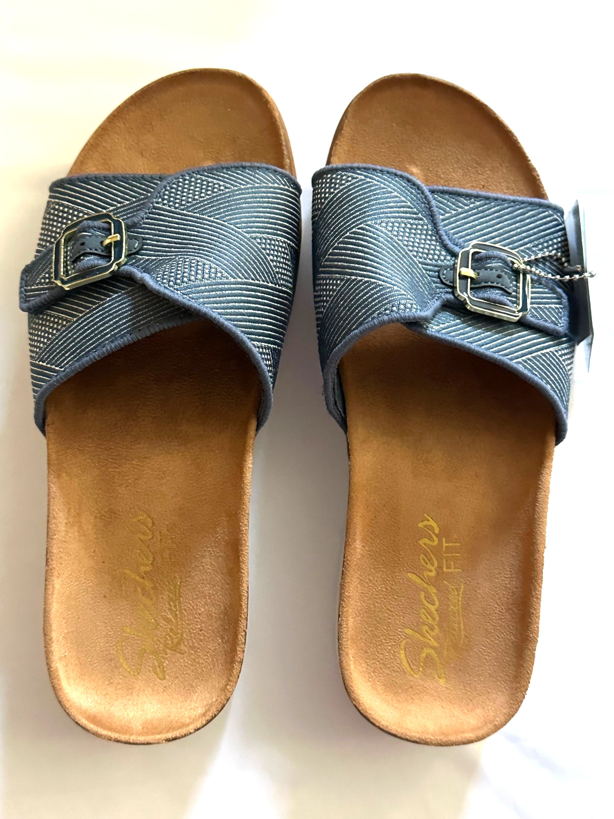 NEW Skechers Womens Lifted Comfort Restless Wave Sandal / Slide, Navy, Sz 7