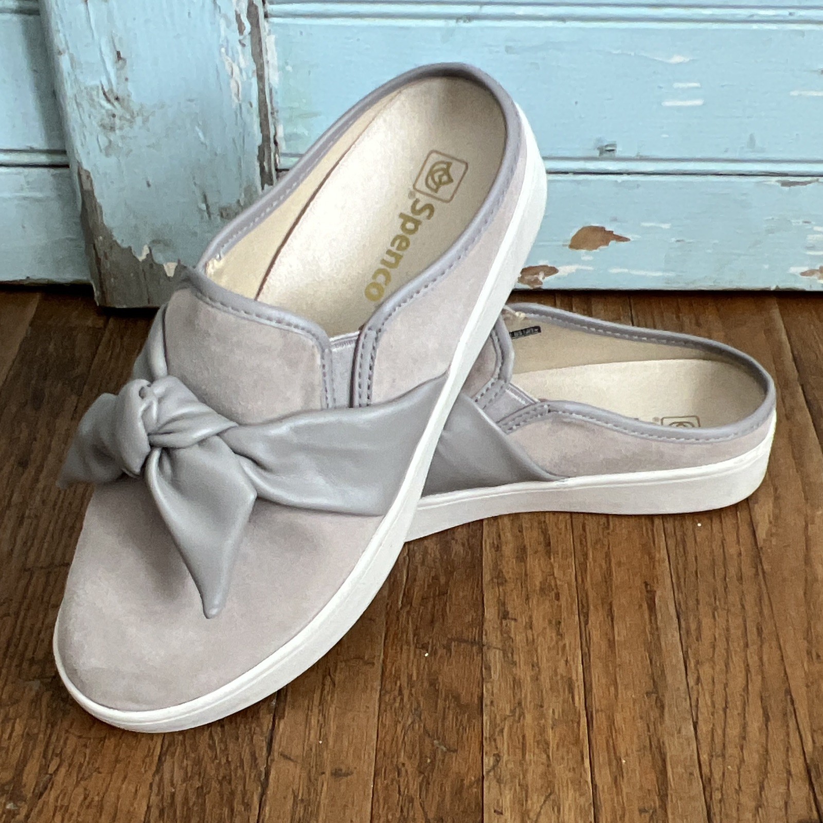 Women’s Spenco Orthotic Suede Slip-On Mule Flats w/Bow Black & Gray US 8.5