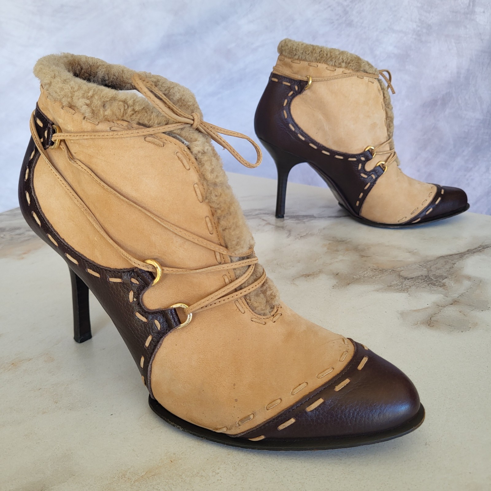 Michelle K Size 37.5/7.5 Shearling Ankle Booties Heels Tan Brown Whipstitch