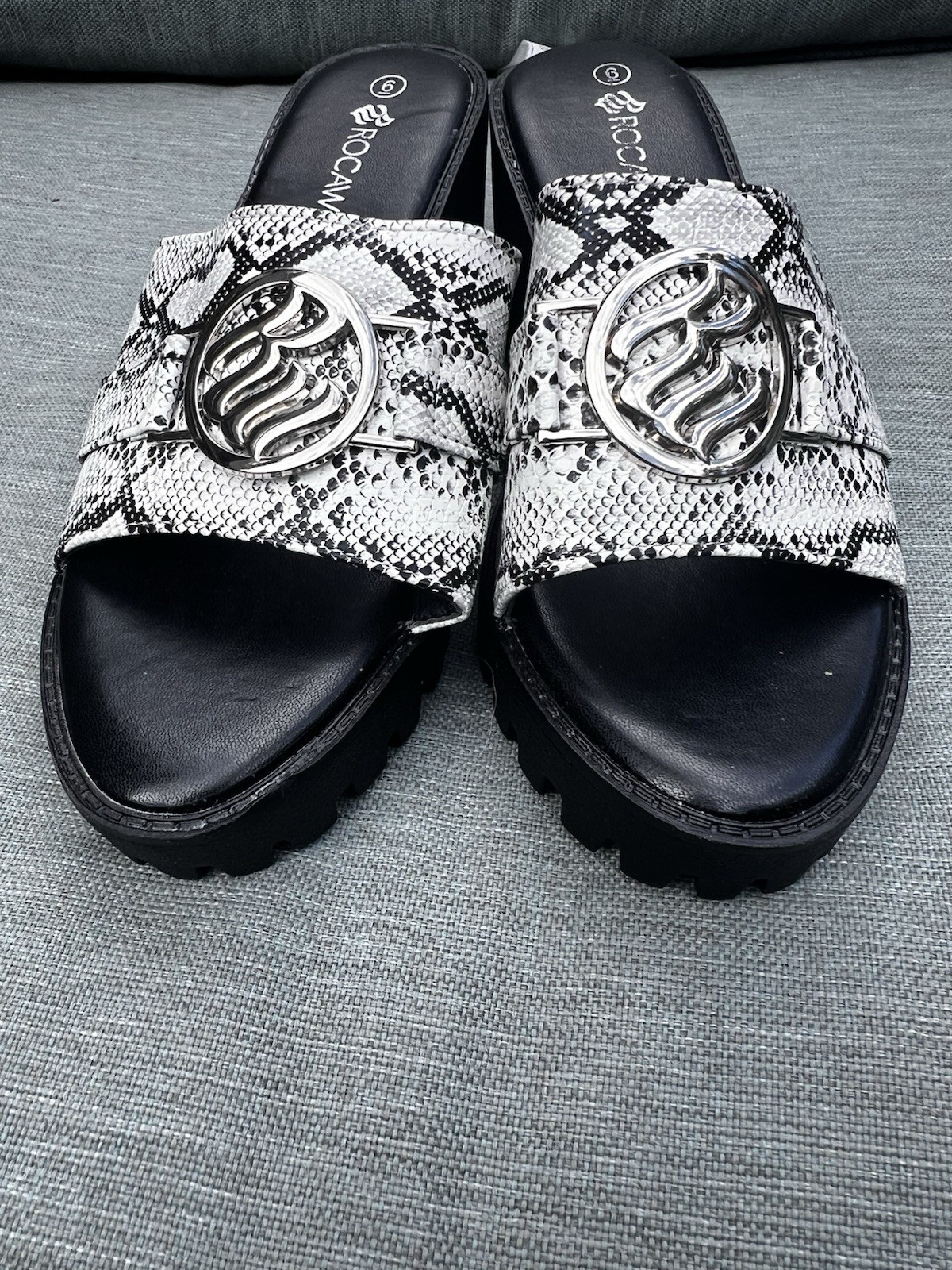 ROCAWEAR VTG Heel Open Toe Platform Sz 6 NWOB Snakeskin Silver Logo Retro 90s