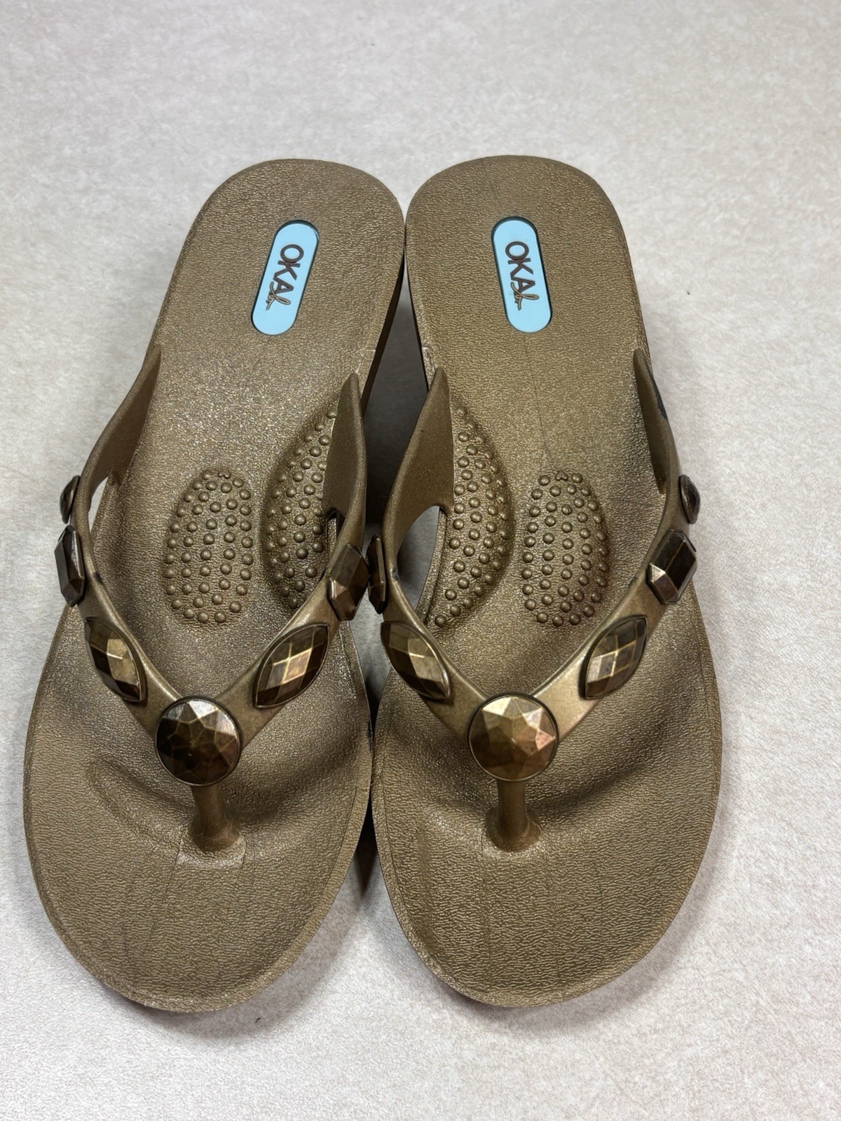 Oka B Alexa Jeweled Wedge Sandal Bronze Metallic Heel Flip Flop Womens S 25036