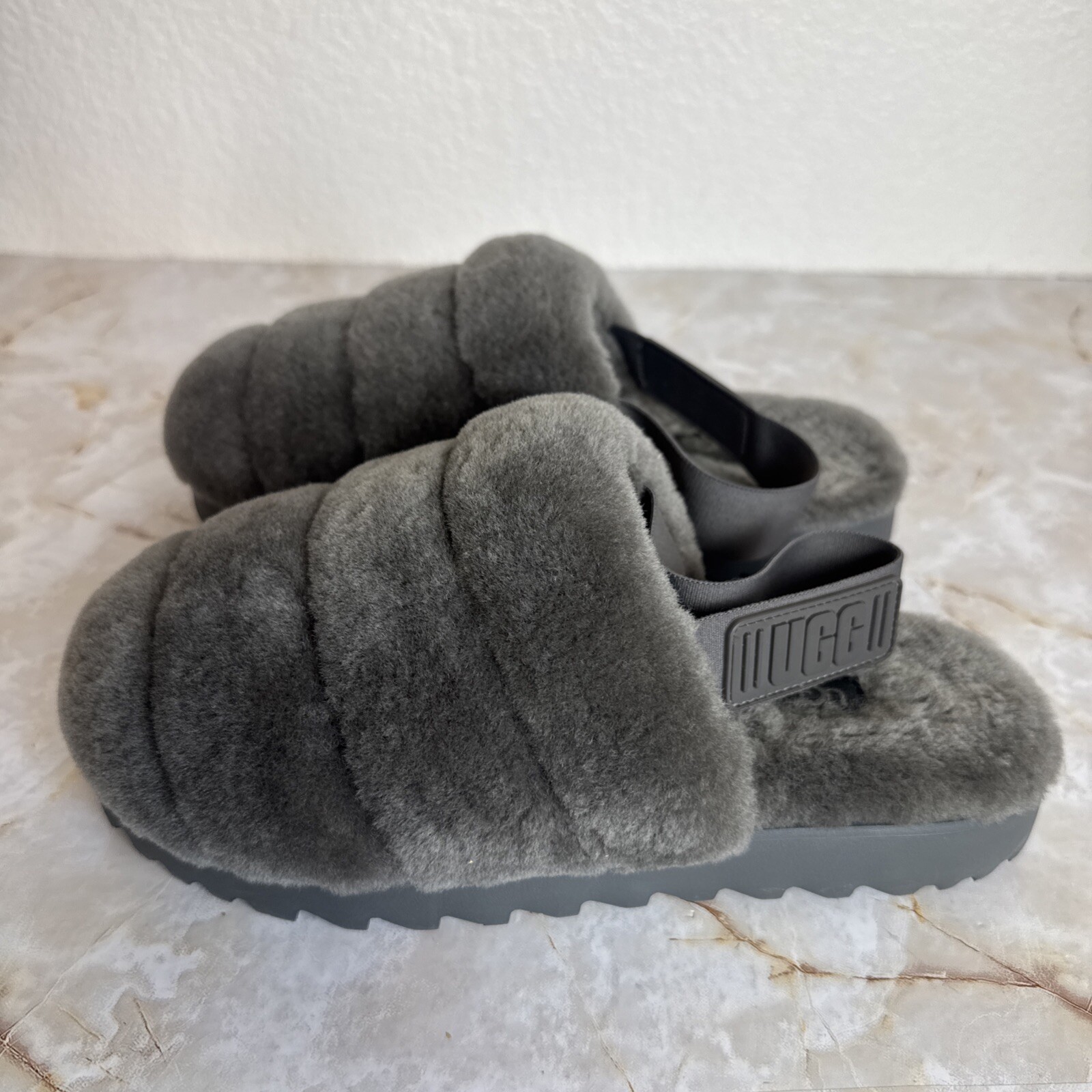 Ugg Womens Super Fluff Gray Slingback Slippers Shoes 8 Medium (B,M)