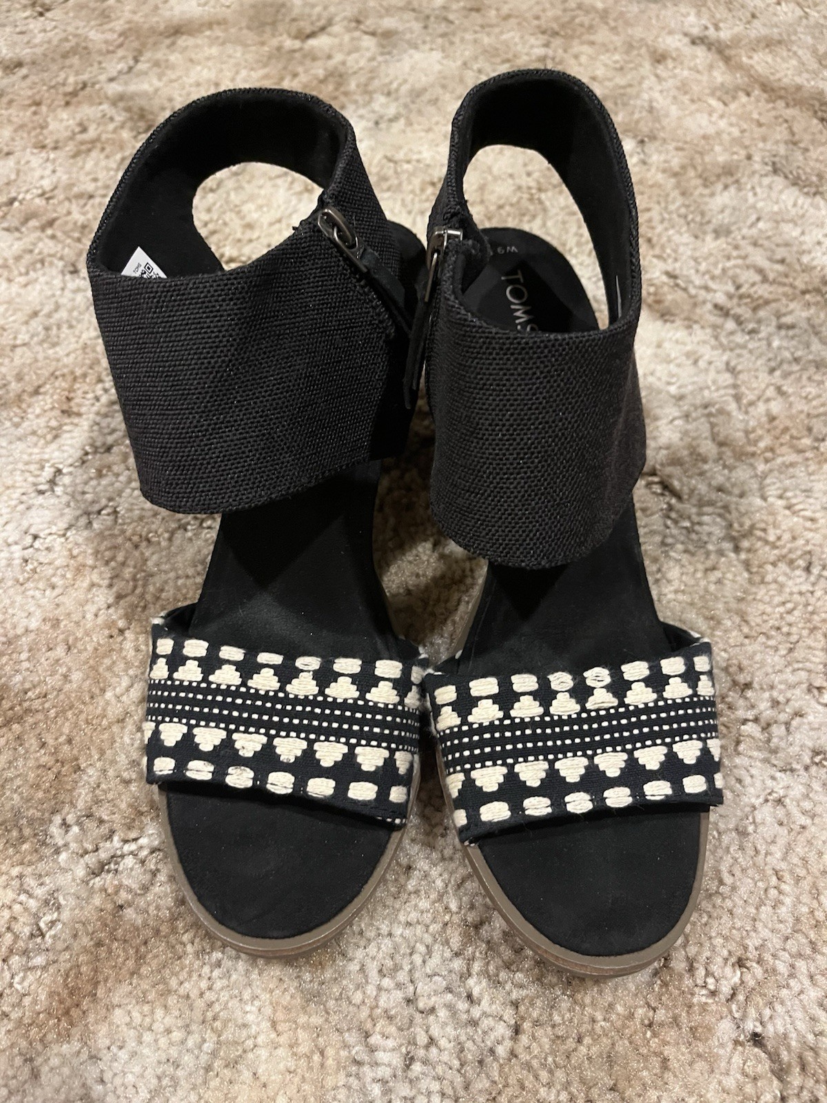 Toms Majorca Cutout Black Yarn Dye/ Global Woven Block Heel Sandals Size 9.5