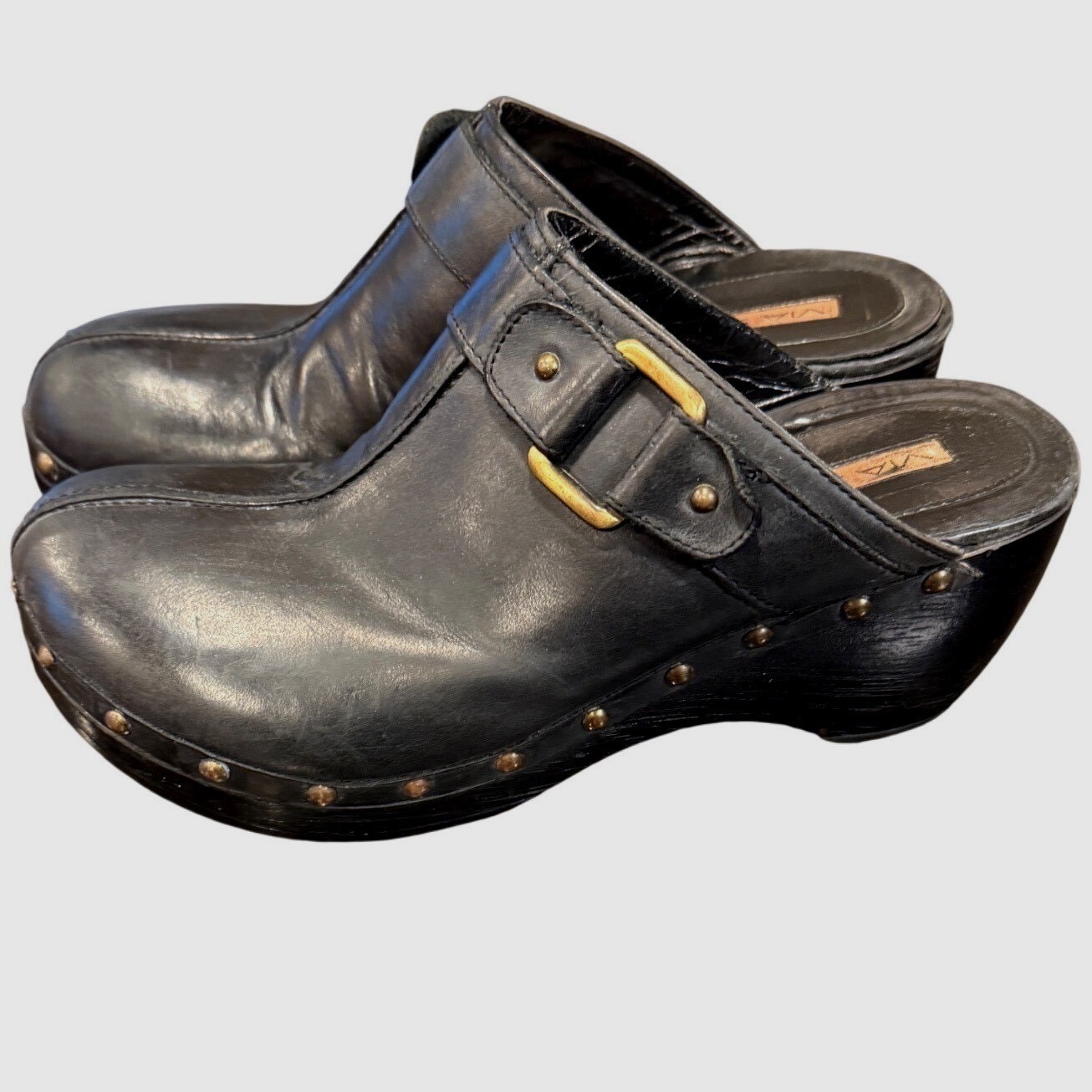 Via Spiga Black Leather Studded Clog Mules Brass Buckle Platform Wedge Shoes