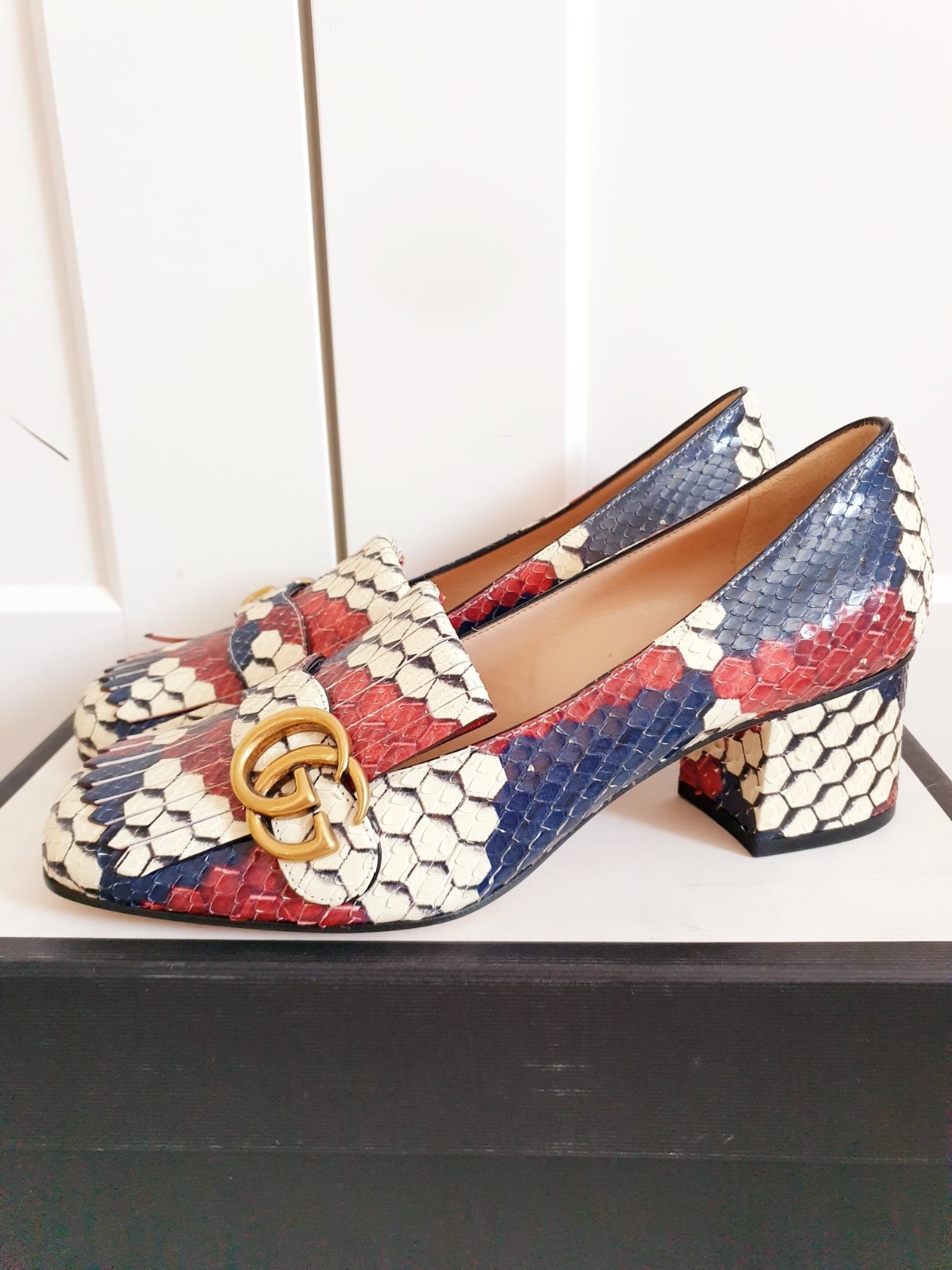 New Gucci Marmont Multi Fringed Leather Mid Heeled Court Shoes UK 6 EU 39 US 9