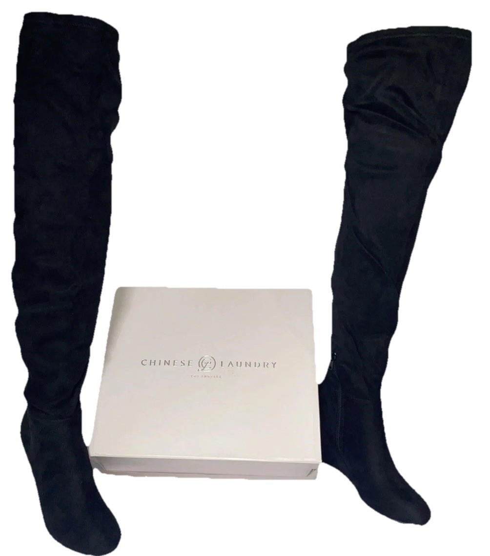 Von Maur Chinese Laundry Thigh High Boots Ultra Black Suedette Size 7.5 New/box