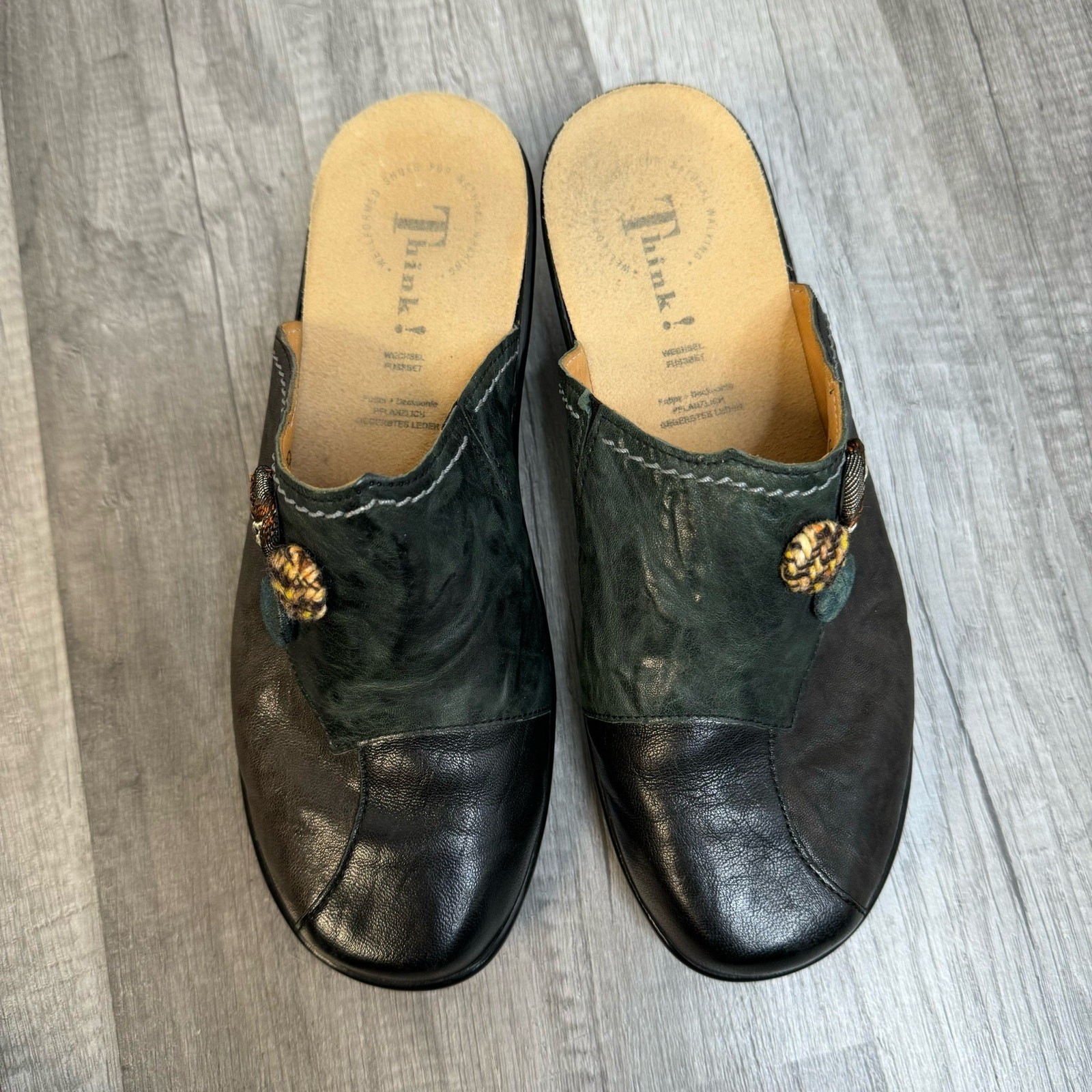 Think! Green Black Brown leather mule clog slip on shoes Size 37/ US 6