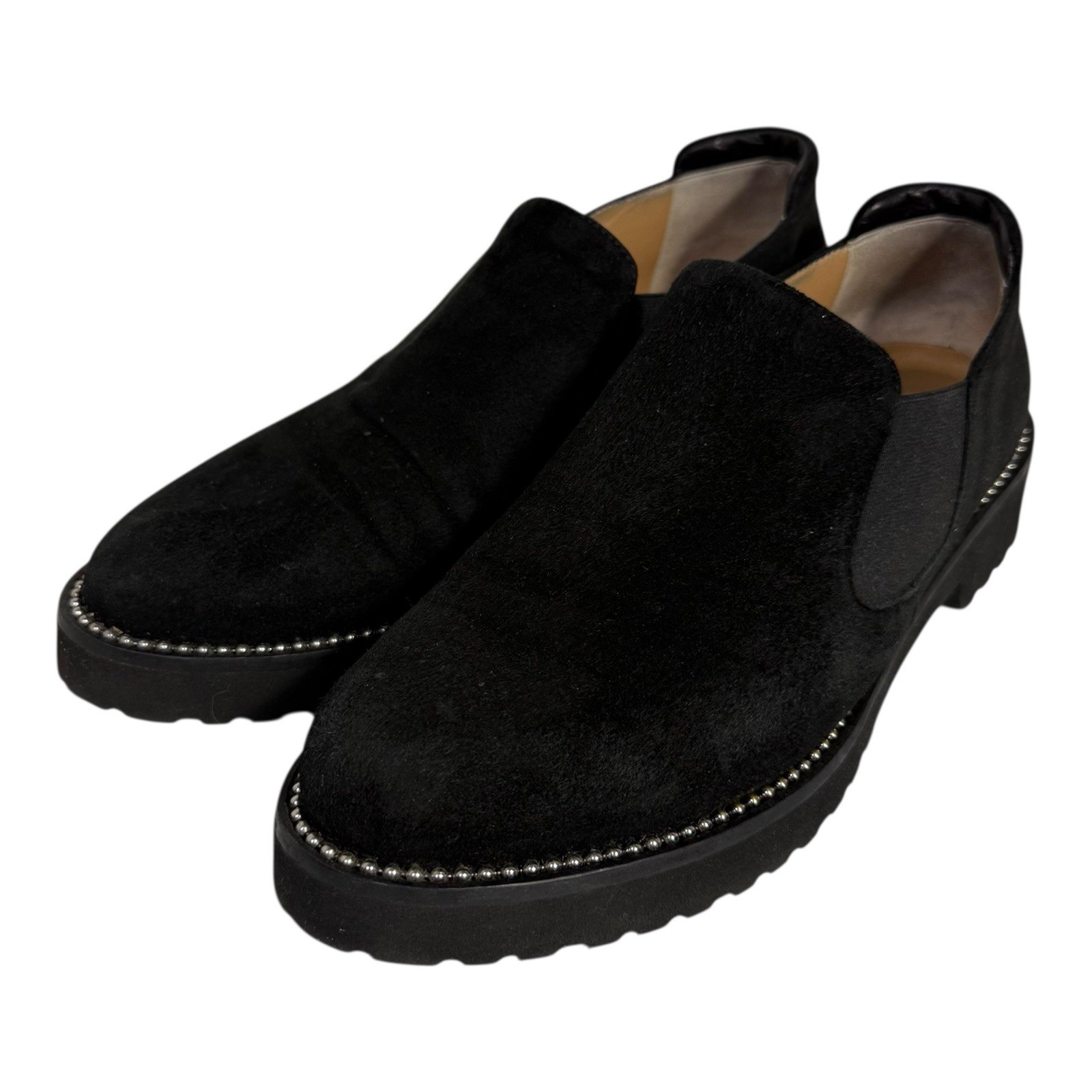 RUSSELL & BROMLEY Black Suede Studded Slip On Loafers Italy EUR 38.5 US 8.5