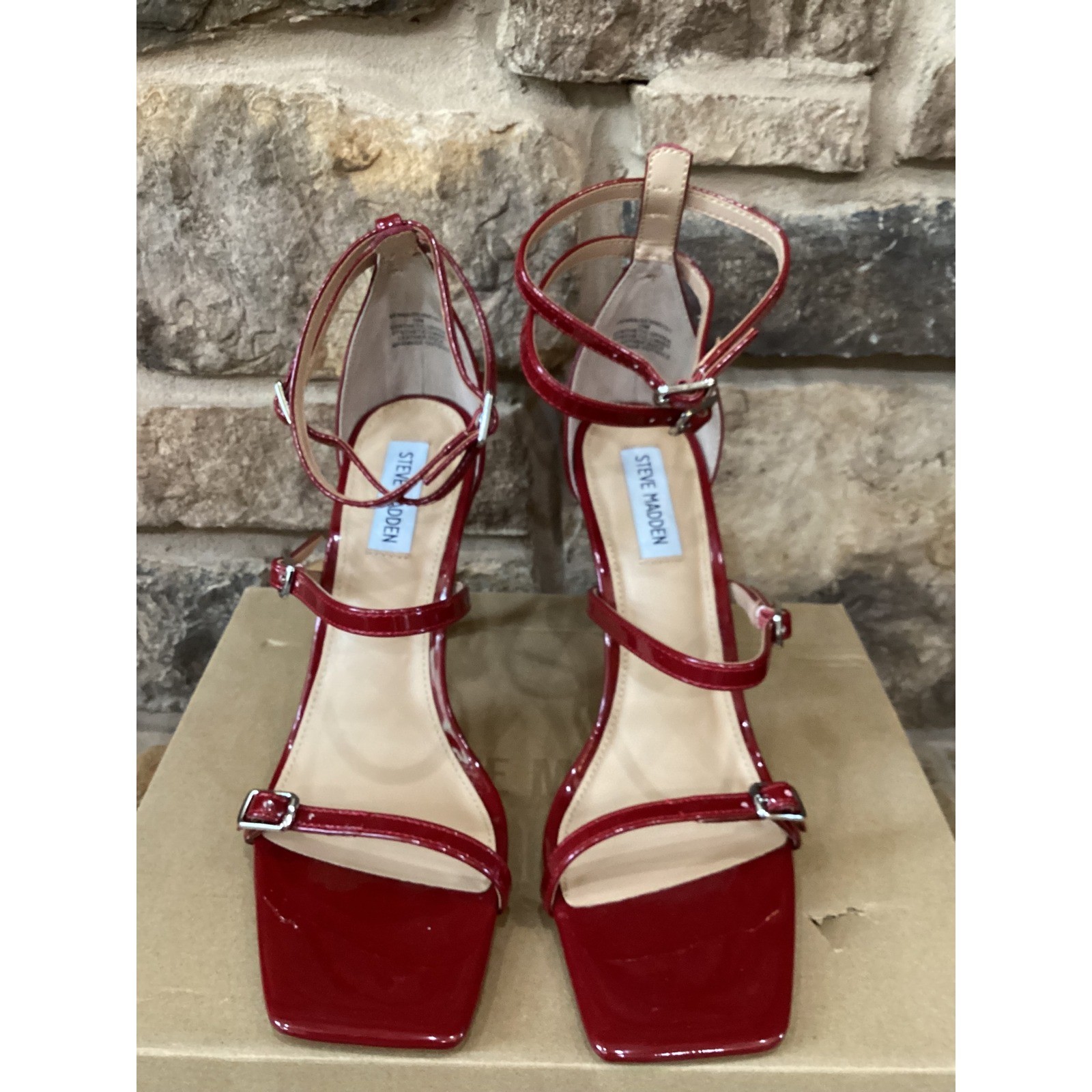 Steve Madden Senna Red Patent Strappy Square Toe Stiletto Heel Sandals Size 9