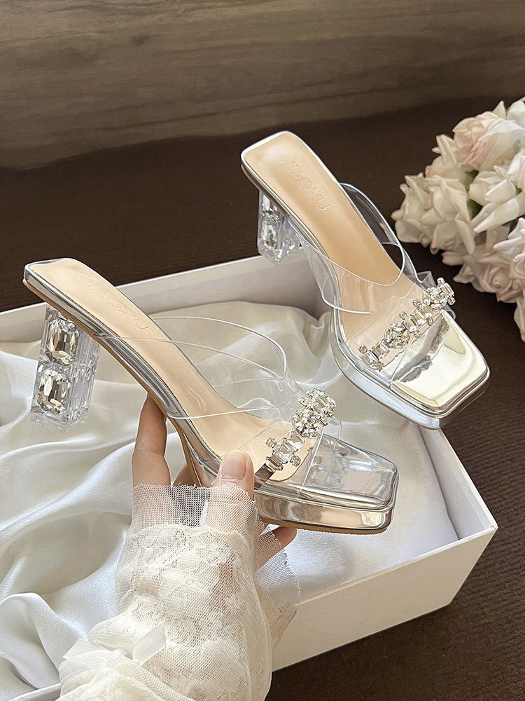 Rhinestone Platform Women Sandals Crystal High Block Heel Slide Shoes Slippers