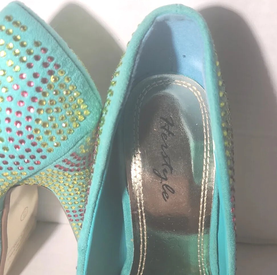 Herstyle Fannti Teal Pink & Yellow Beaded Stilletos Sexy Womens Shoes Size 6
