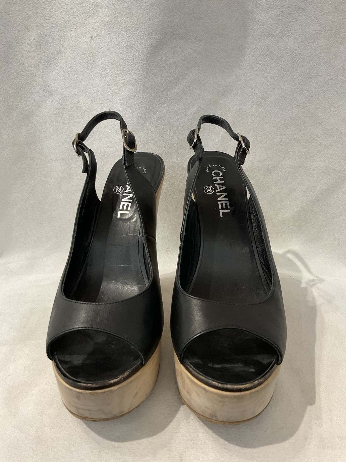 CHANEL Black Leather Peep Toe Platform Slingback Block Heels EU 41