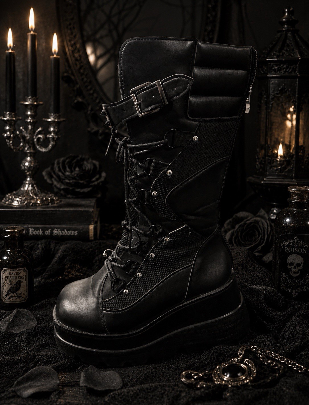 Women’s Black Faux Leather Punk Mid-Calf Platform Boots Lace-Up Buckle 7.5