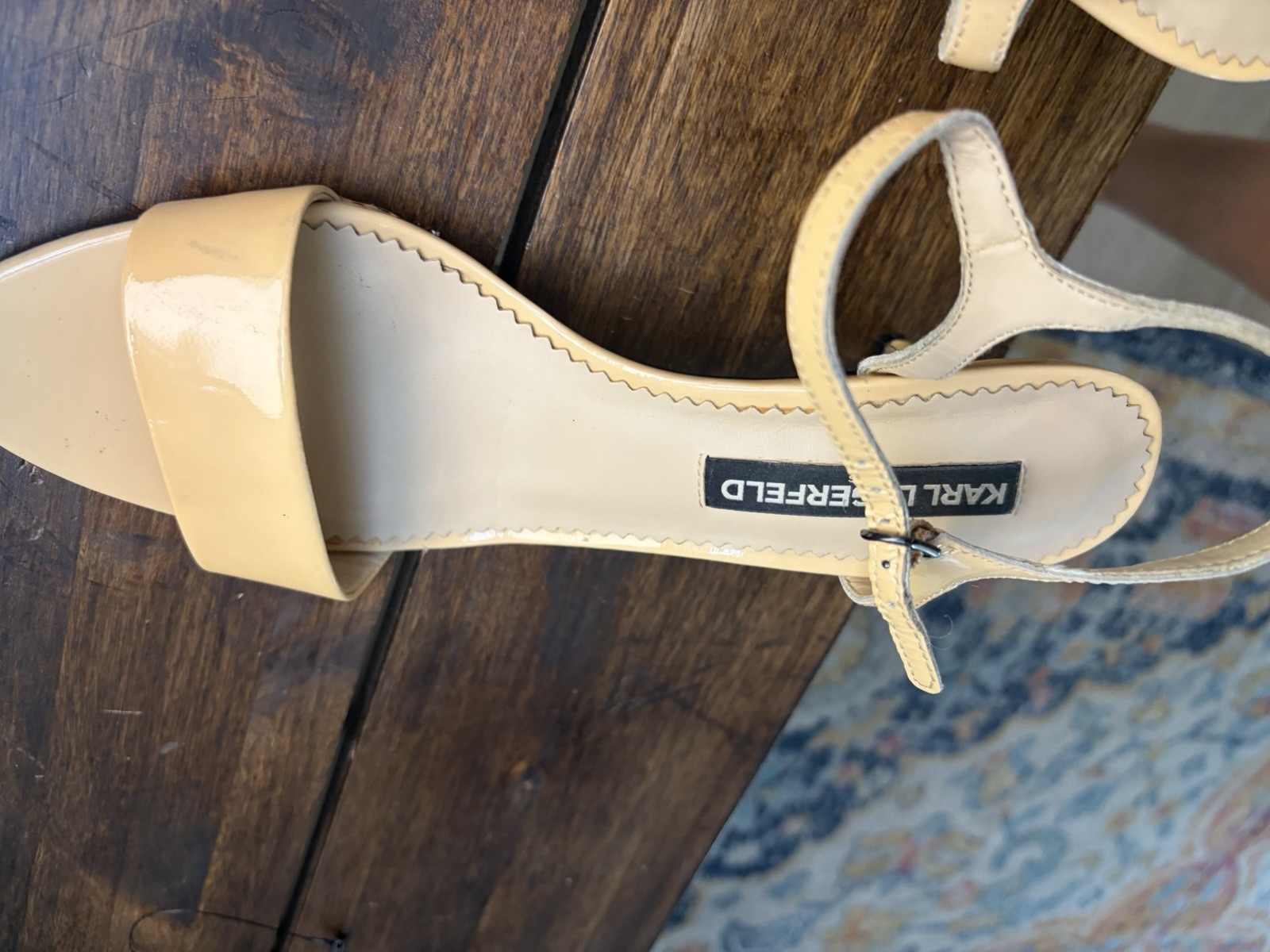 Karl Lagerfeld Paris Women’s Beige Patent Strappy Ankle Strap Buckle Open Toe
