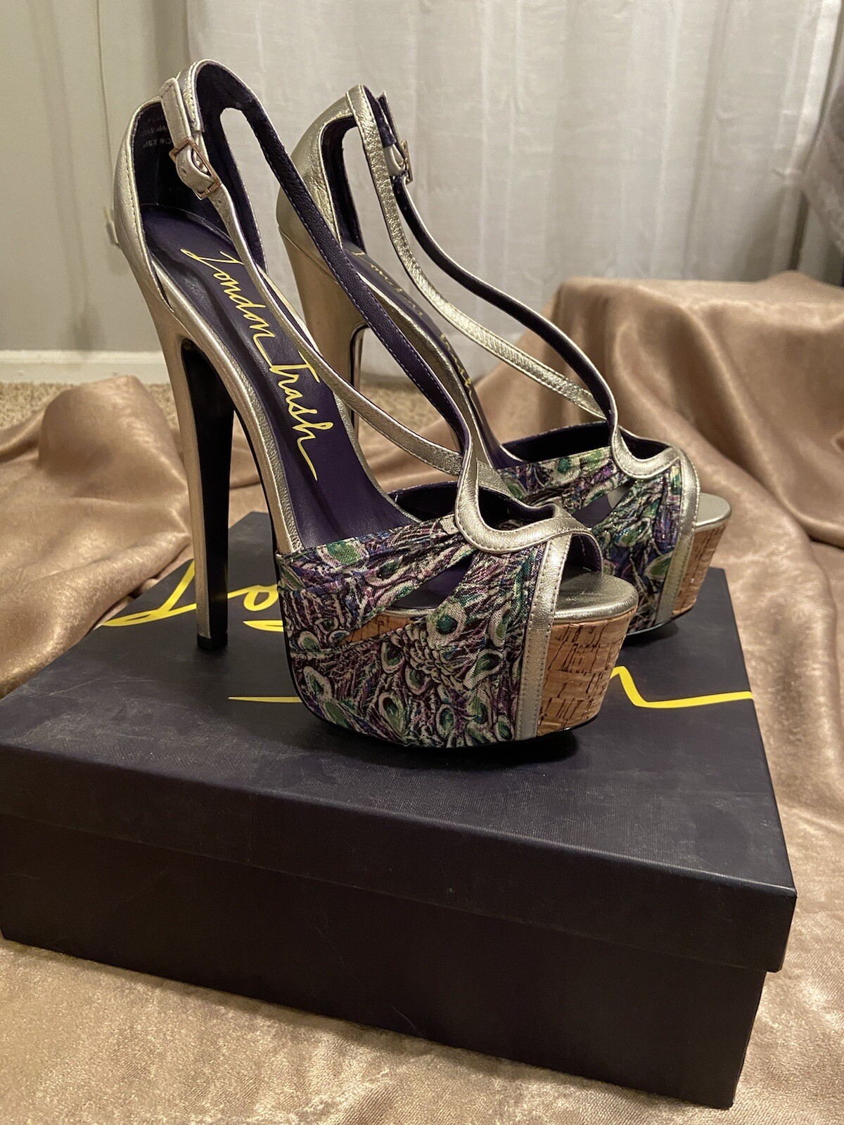 NIB London Trash Platform Silver Peacock heels Calypso Gorgeous!!!