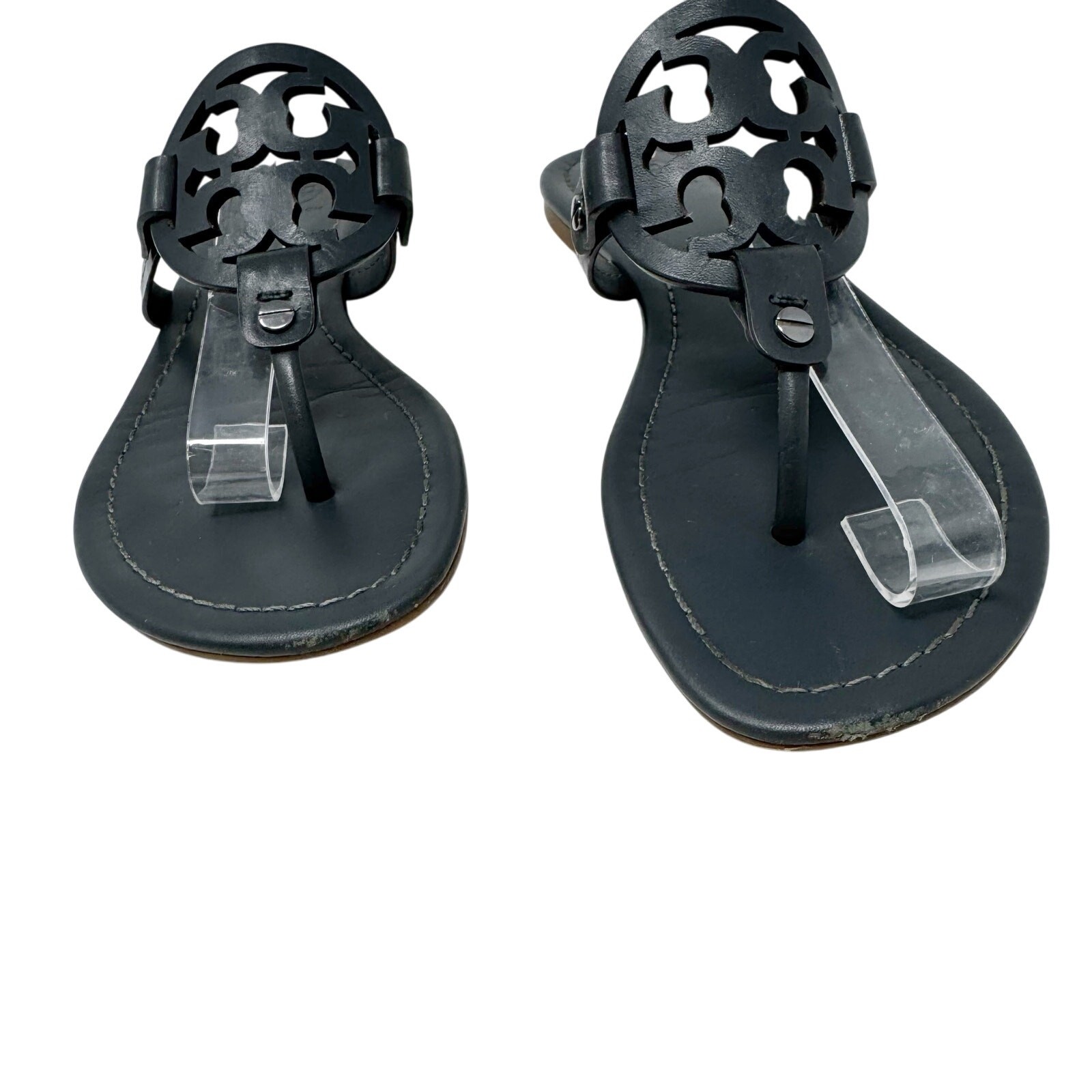 TORY BURCH Gray Grey Patent Leather Miller Classic Designer Logo Sandals Sz 8.5